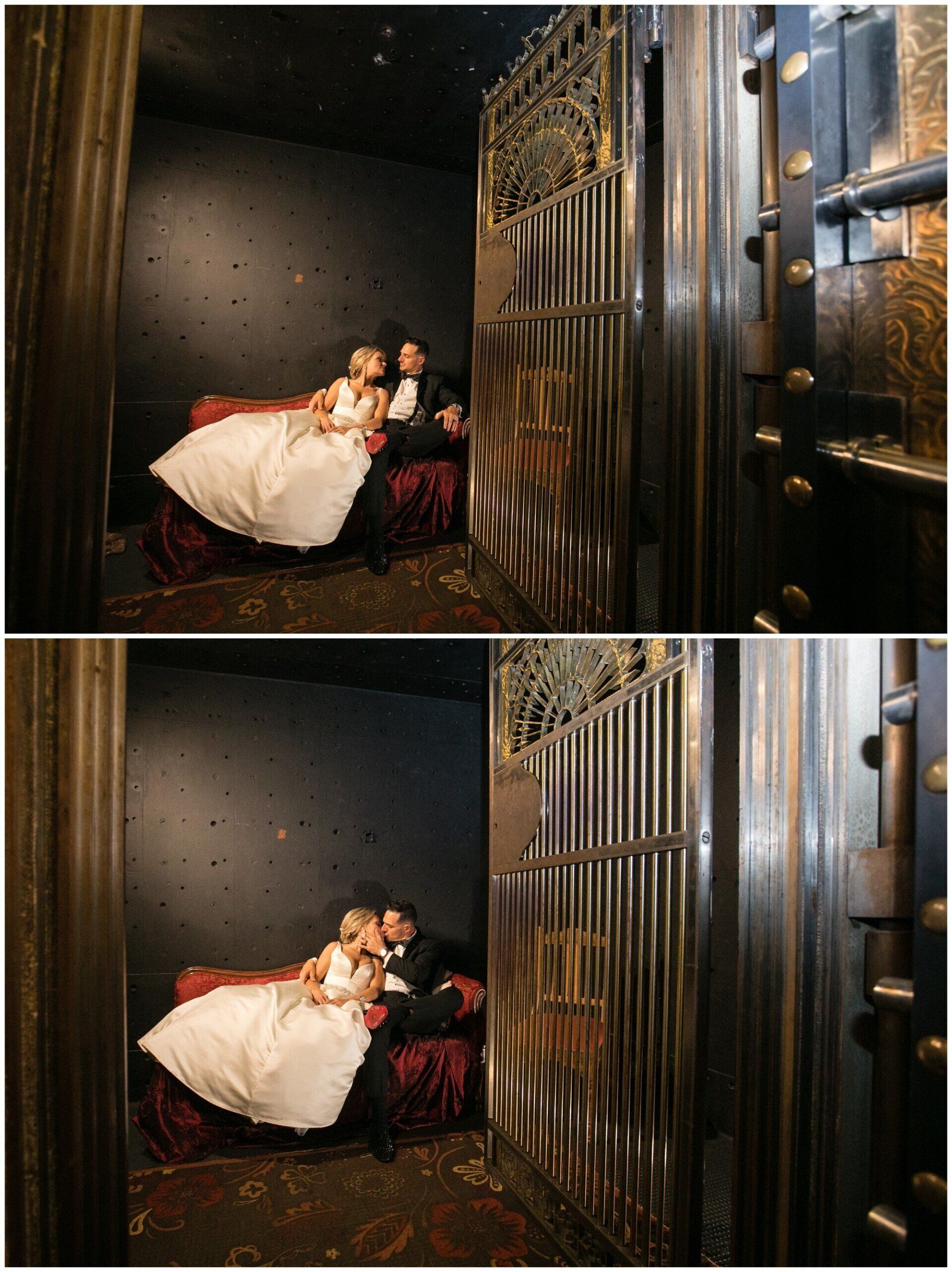 Two-panel photo of a couple in formal attire reclining in a dim vault beside a large open safe door