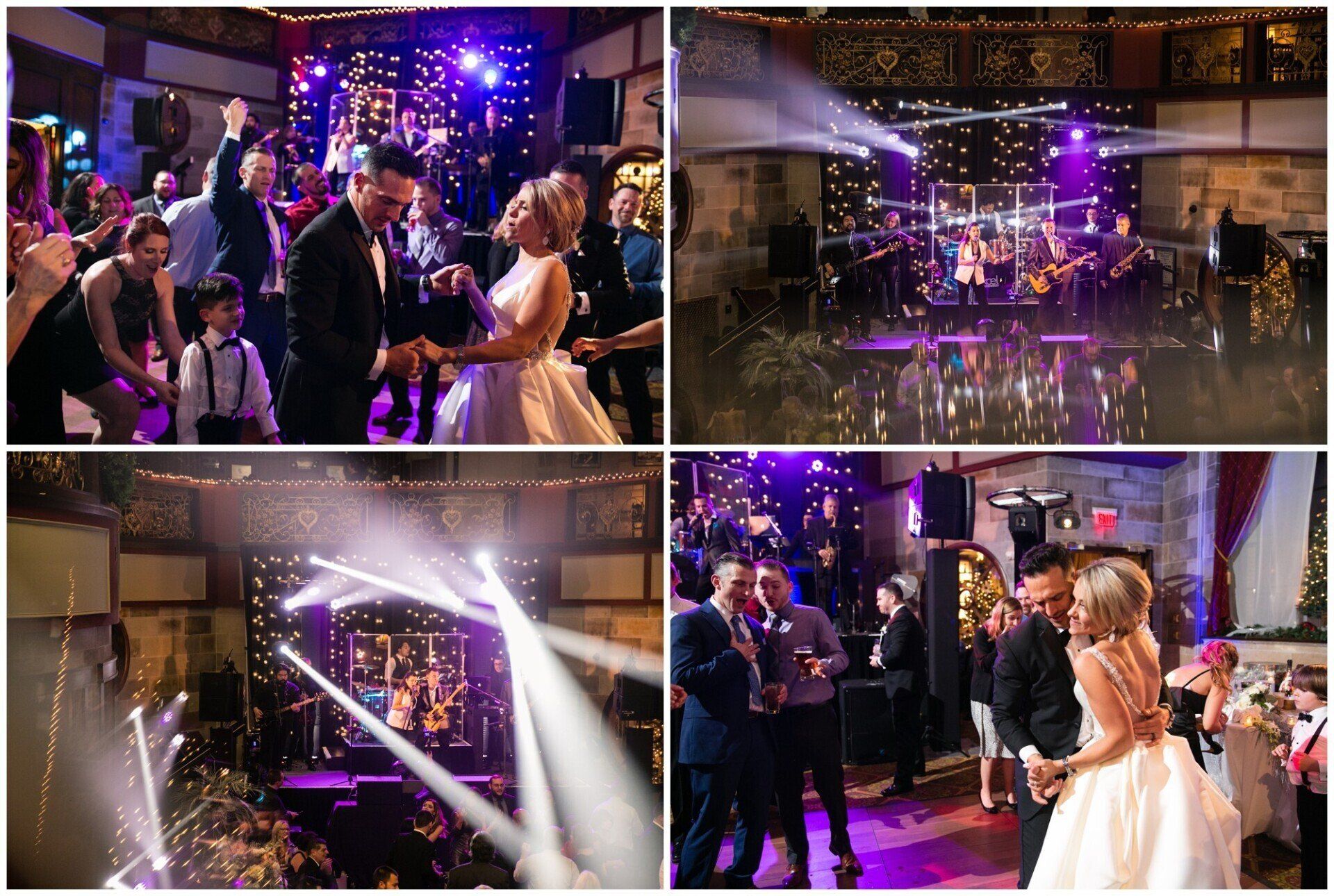 Wedding reception with dancing guests, purple lighting, and a bride and groom on the dance floor