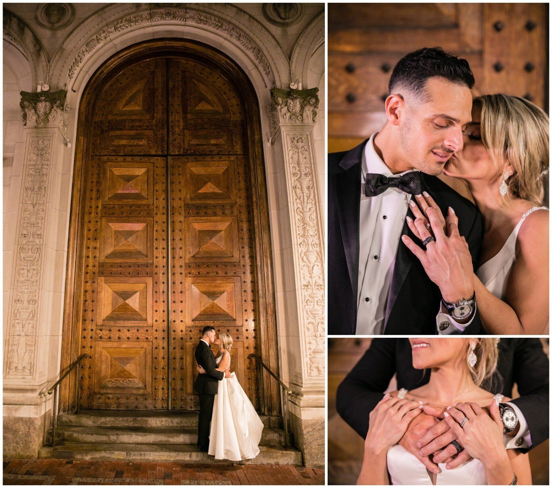 Couple in wedding attire embracing before ornate wooden doors, with close-up portraits beside them