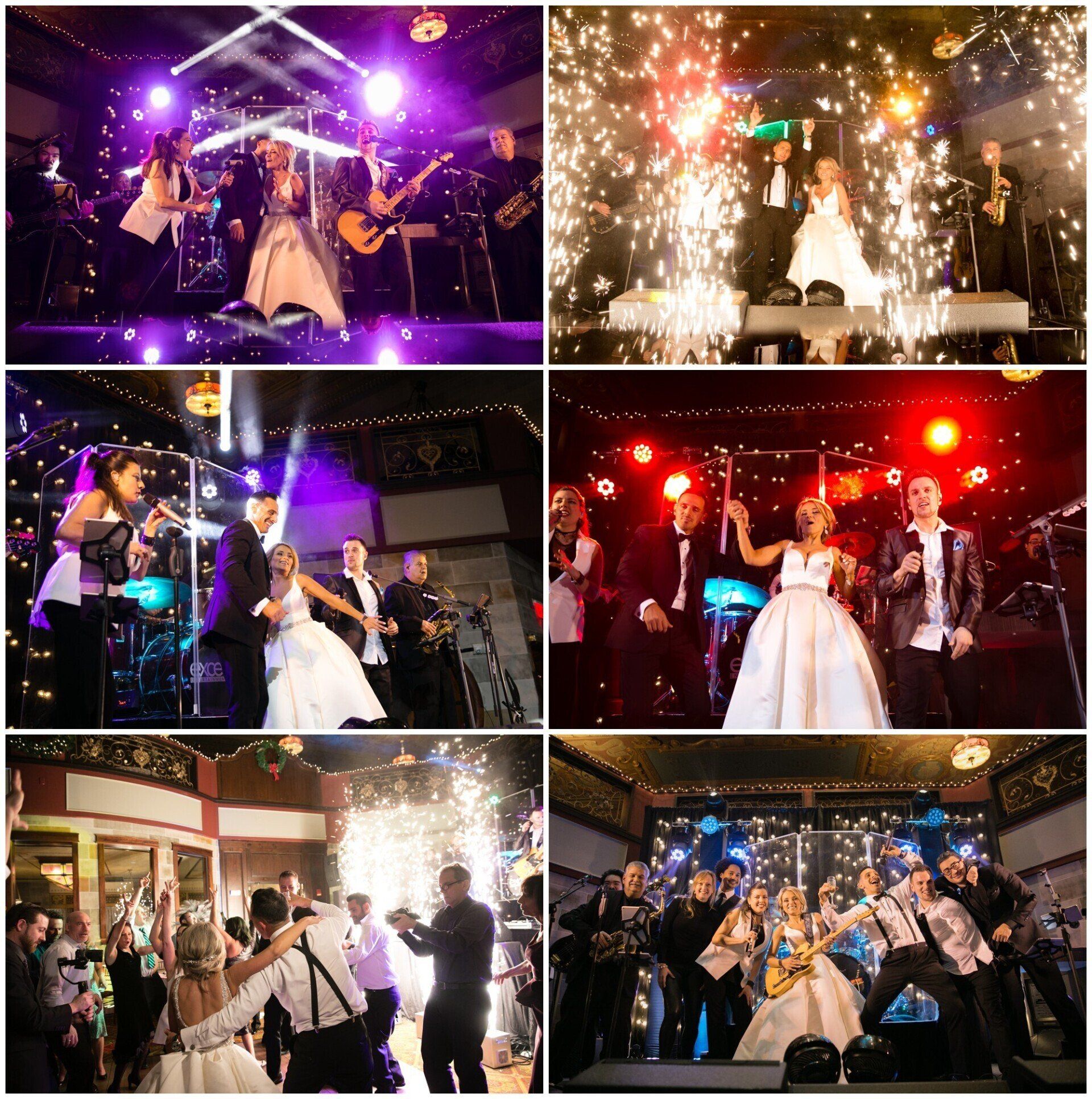 Collage of a live stage performance with singers, dancers, bright purple and red lights, and spark fountain effects
