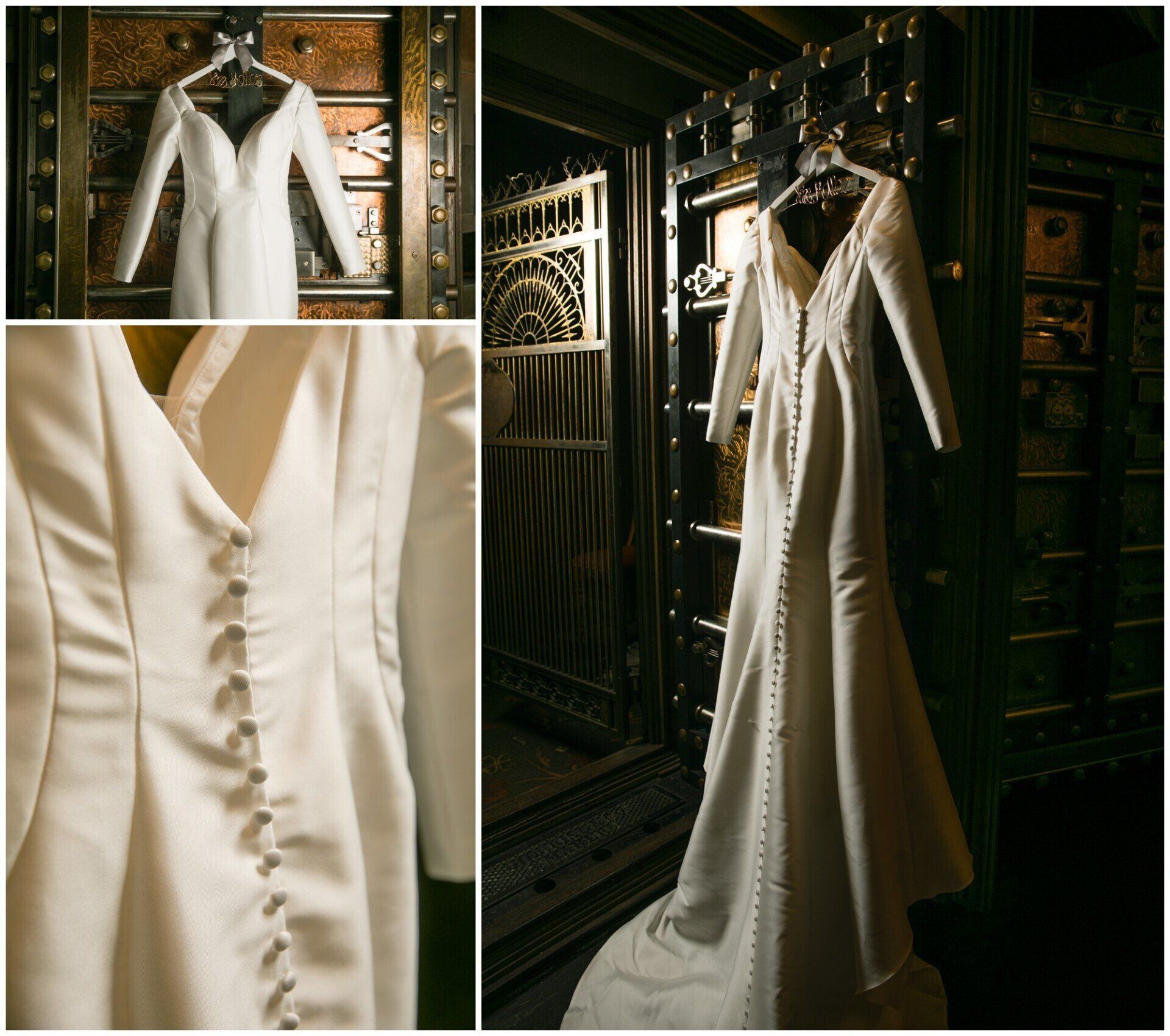Ivory button-front wedding dress displayed in a dark boutique, with close-up and full-length views