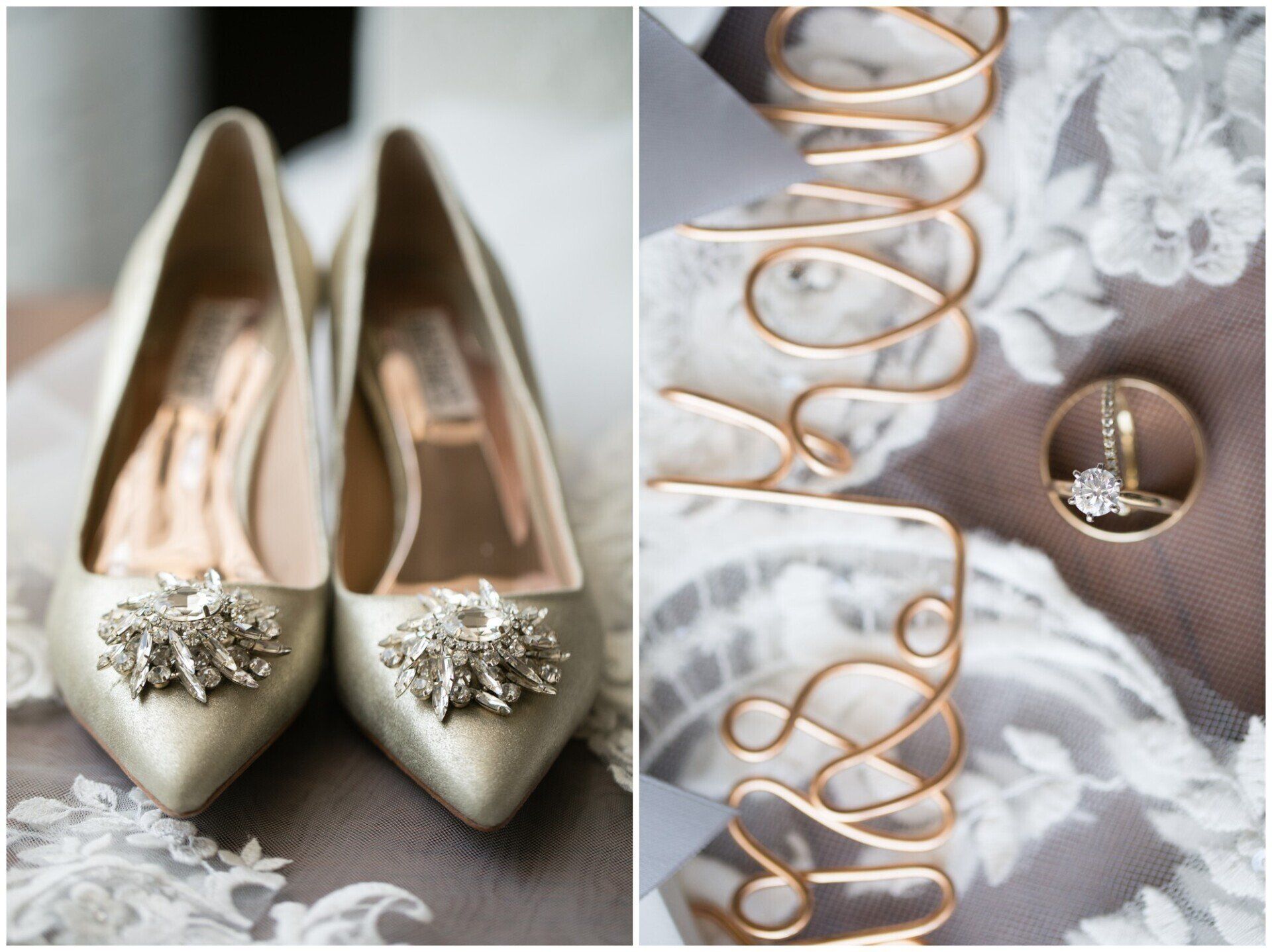 Ivory bridal heels with jeweled bows beside copper rose-gold wire decor and lace flowers