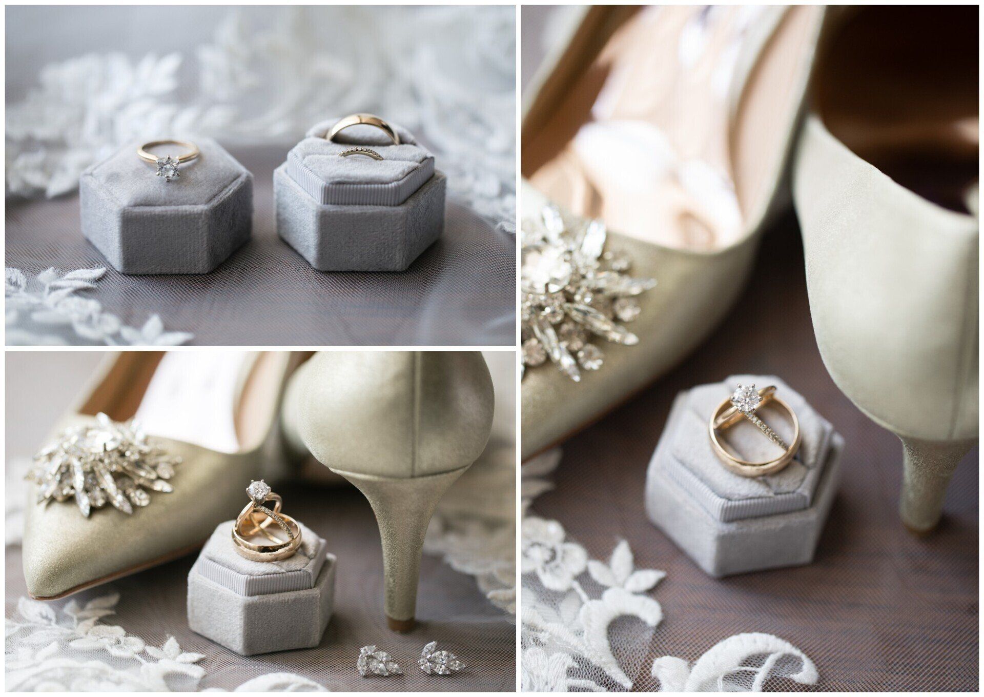 Wedding rings beside beige heels on gray velvet boxes with white floral decor