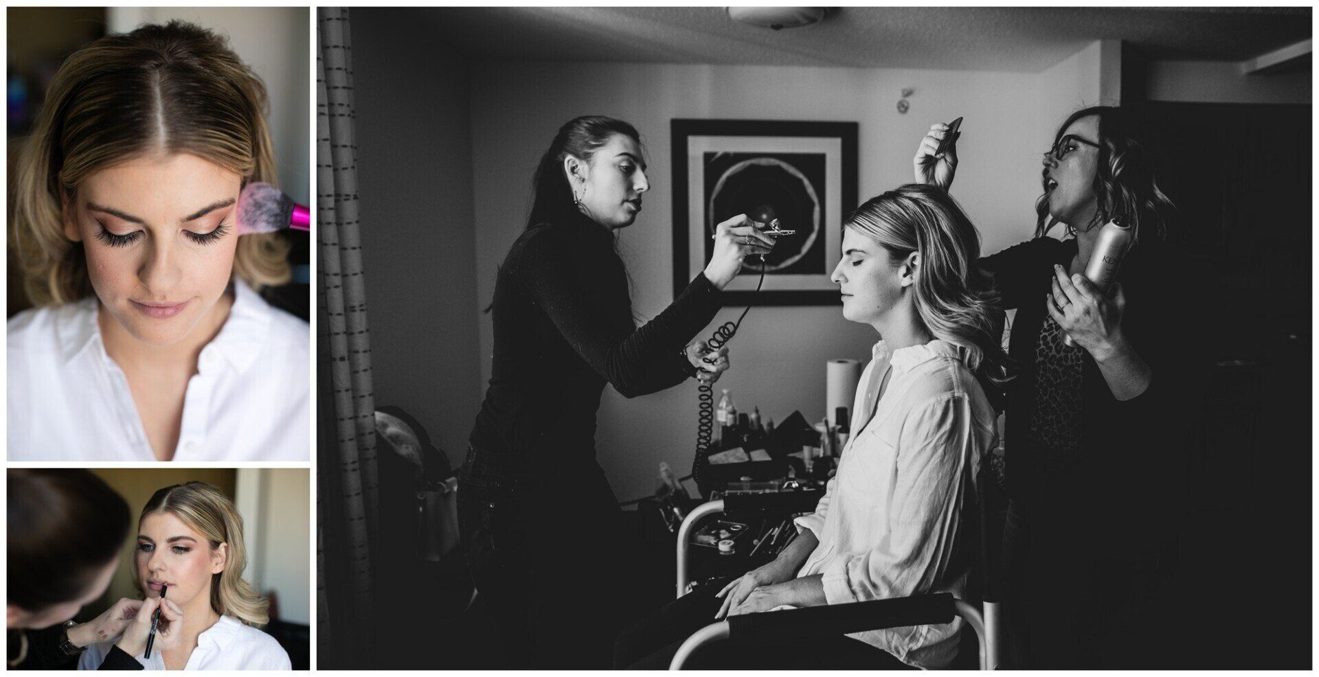 Black-and-white makeup session with a stylist applying makeup to a seated woman, plus two small portrait close-ups.