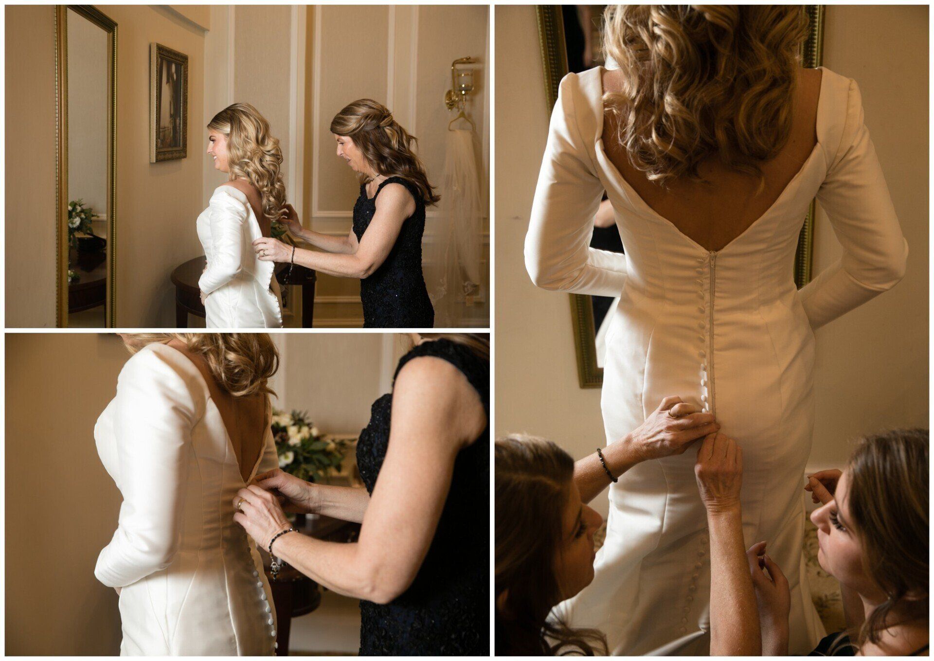 Bride getting dressed with helpers, fastening the back of a white wedding gown