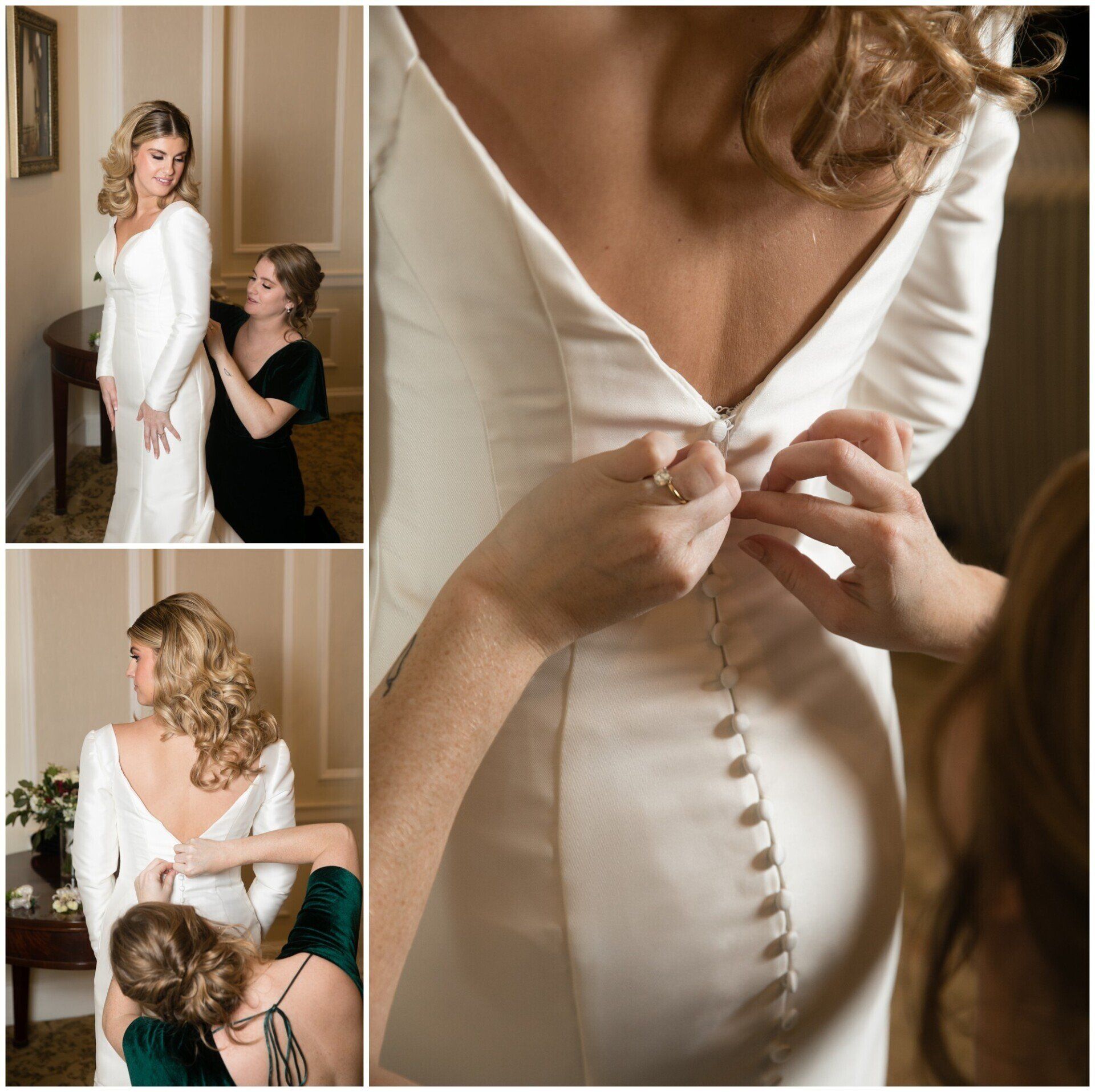 Bride getting her white dress buttoned up by a helper, with close-up and full-length views