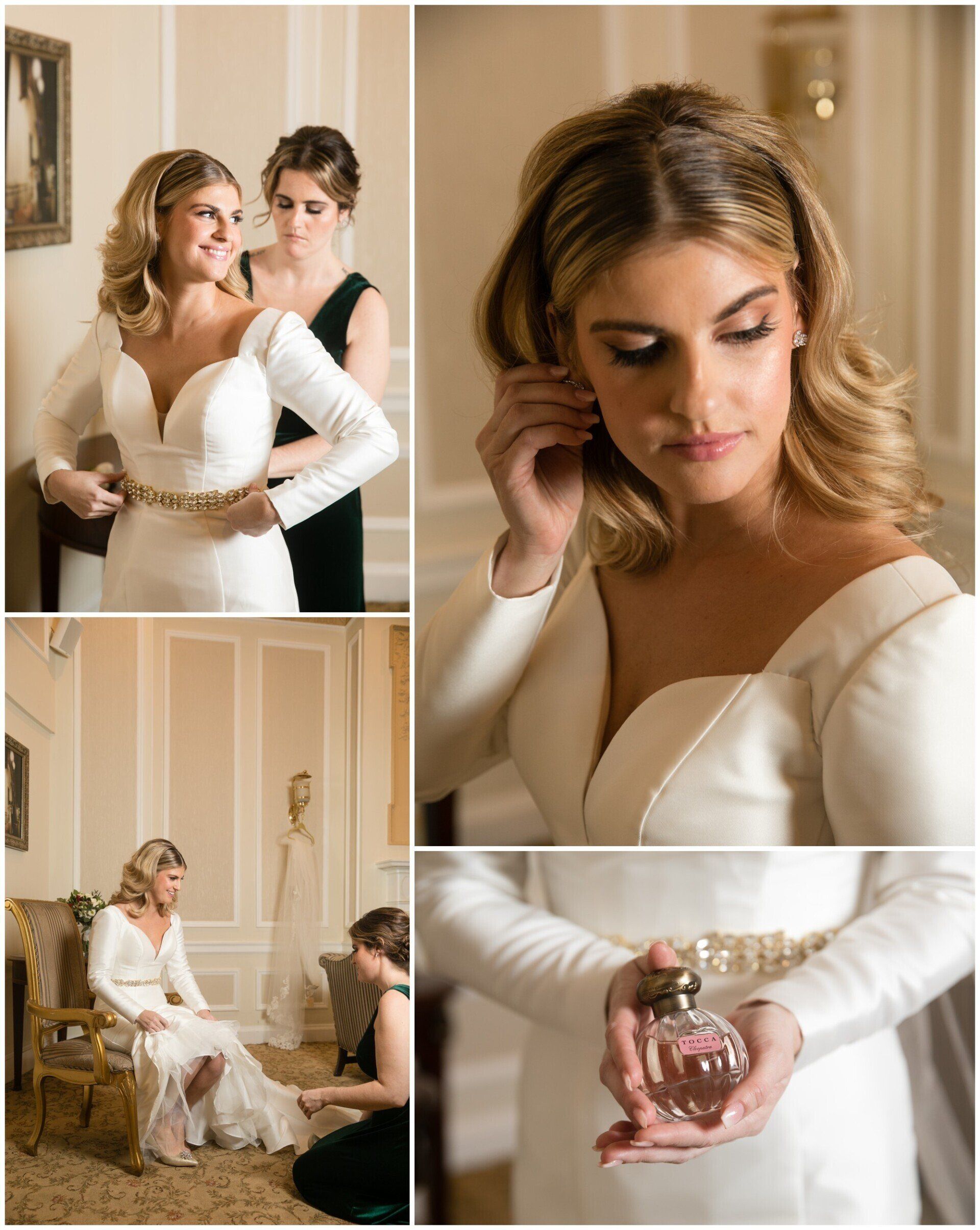 Bride posing in a white dress with a bouquet, shown in a four-panel collage at a formal venue