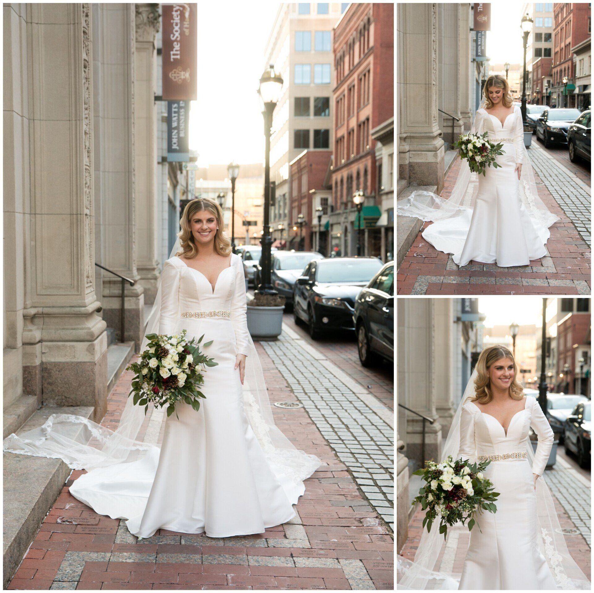 Bride in white wedding gown holding a large bouquet on a city sidewalk, with two smaller pose views beside her