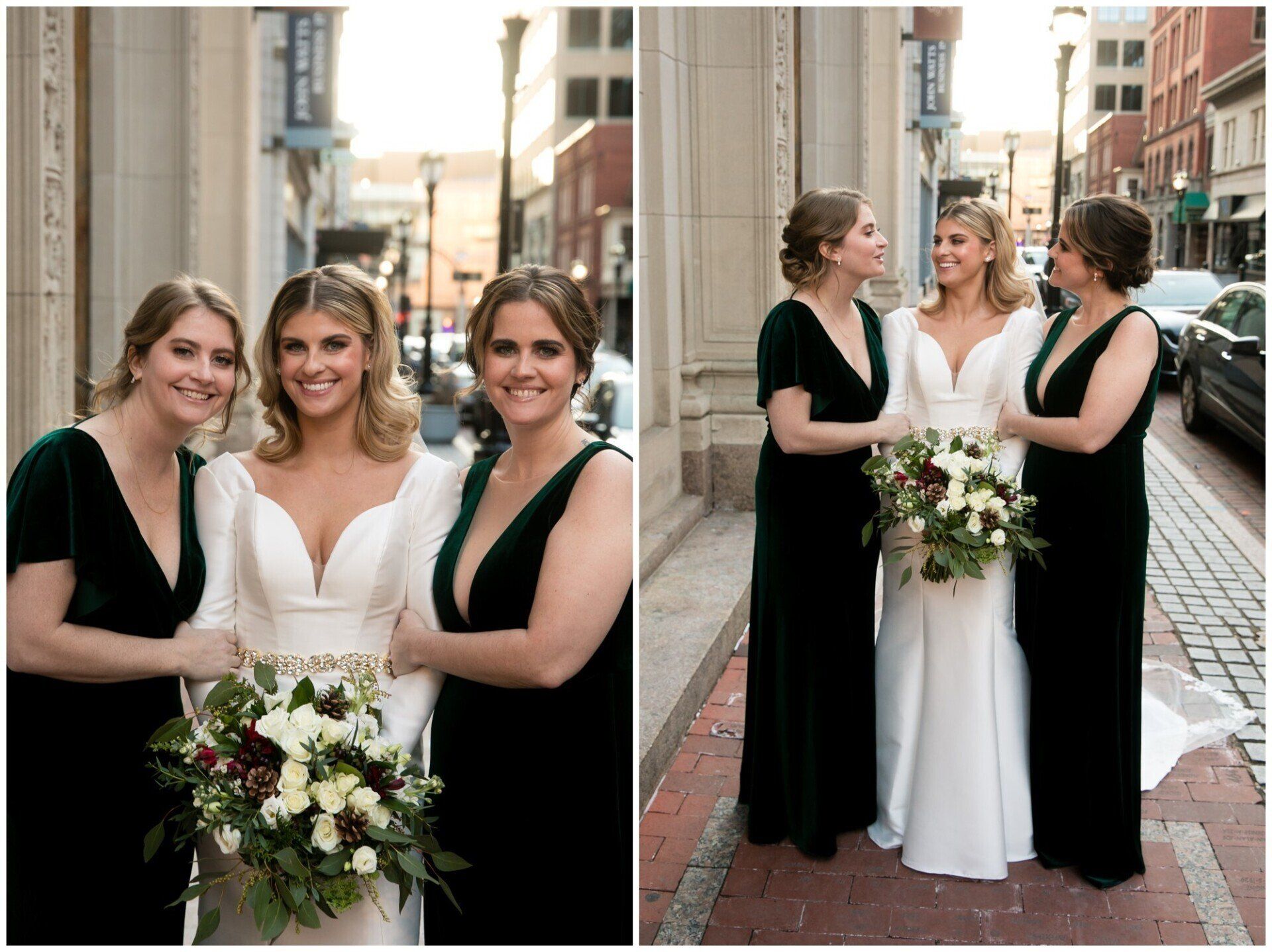 Three women posing in wedding attire on a city street, holding a bouquet.
