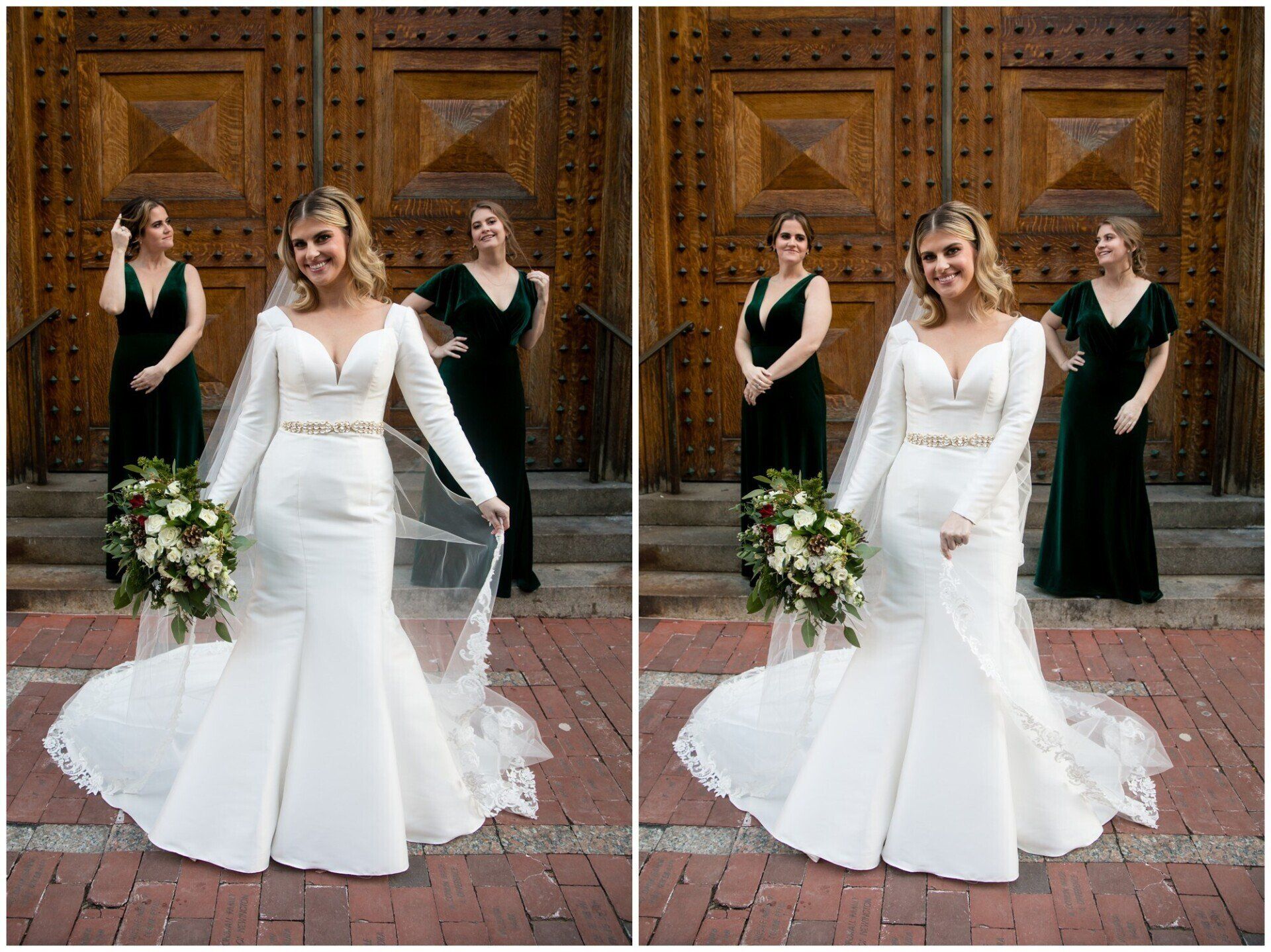 Bride in white wedding gown standing with bridesmaids in black dresses before ornate wooden doors