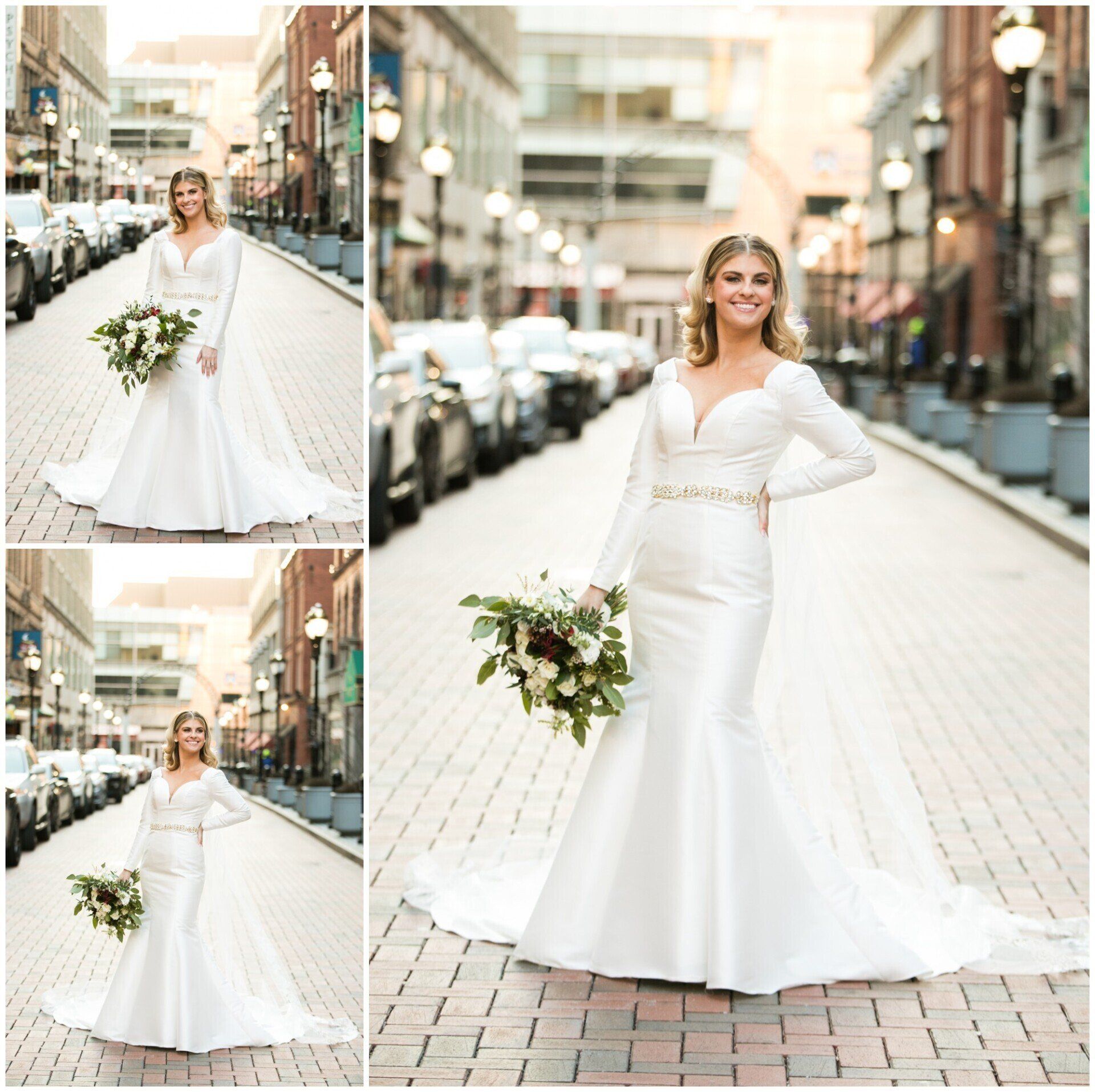Bride in a white dress holding a bouquet on a city street, shown in a three-photo collage