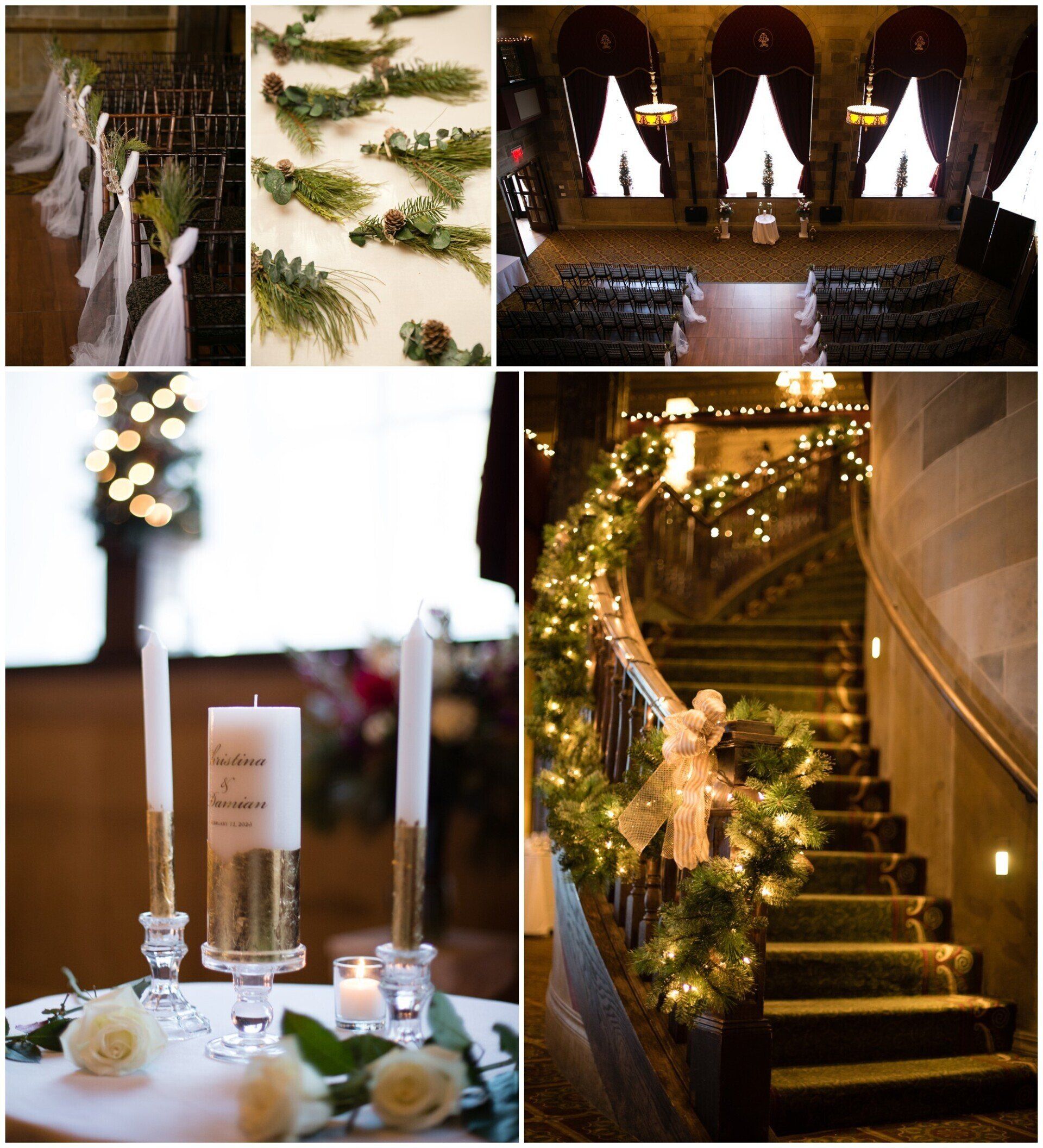 Elegant wedding decor collage with white flowers, candlelit tables, and a garlanded staircase in a church or hall