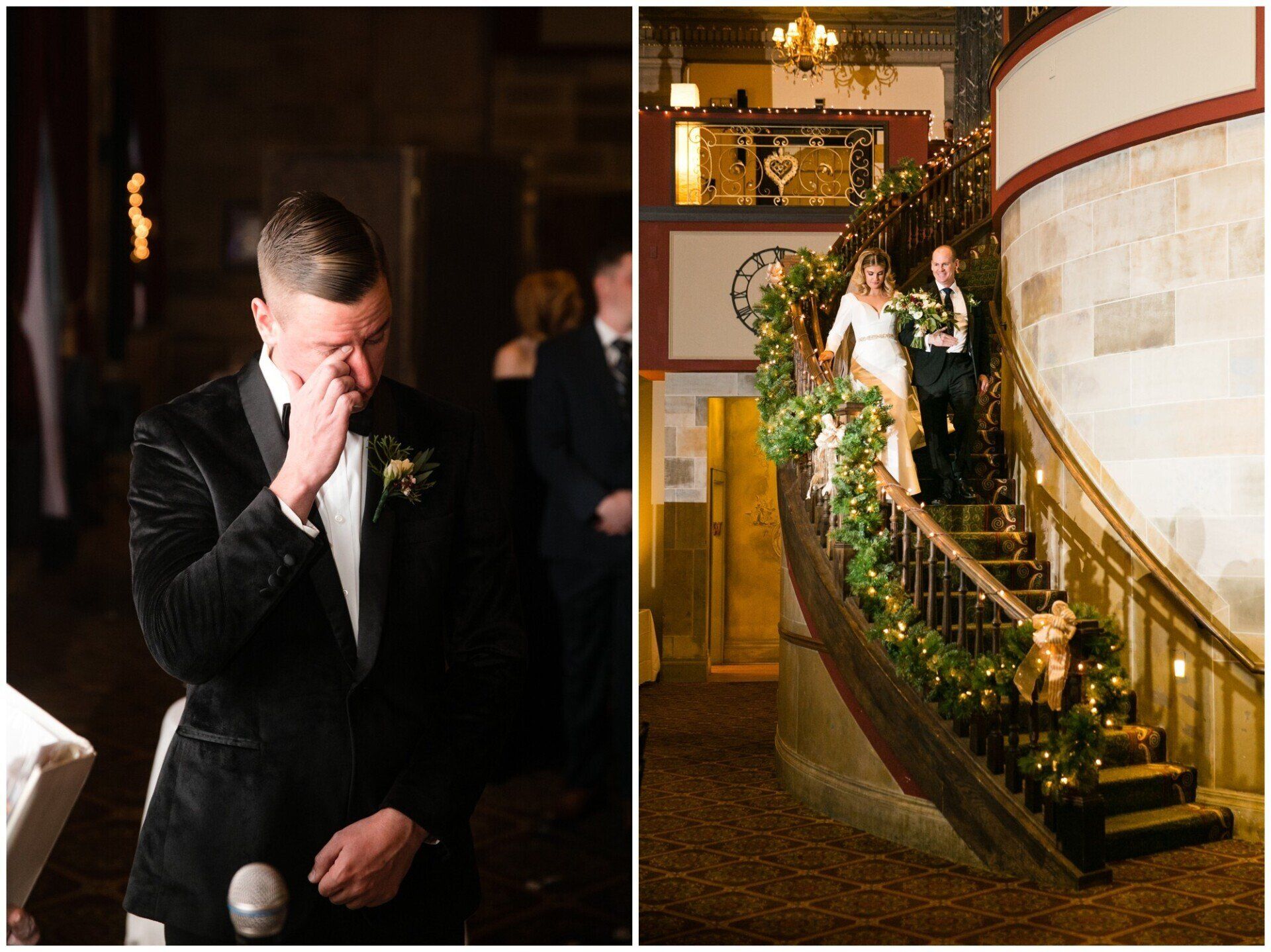 Wedding couple on staircase; bride descends in white gown with greenery, groom stands nearby in tuxedo.