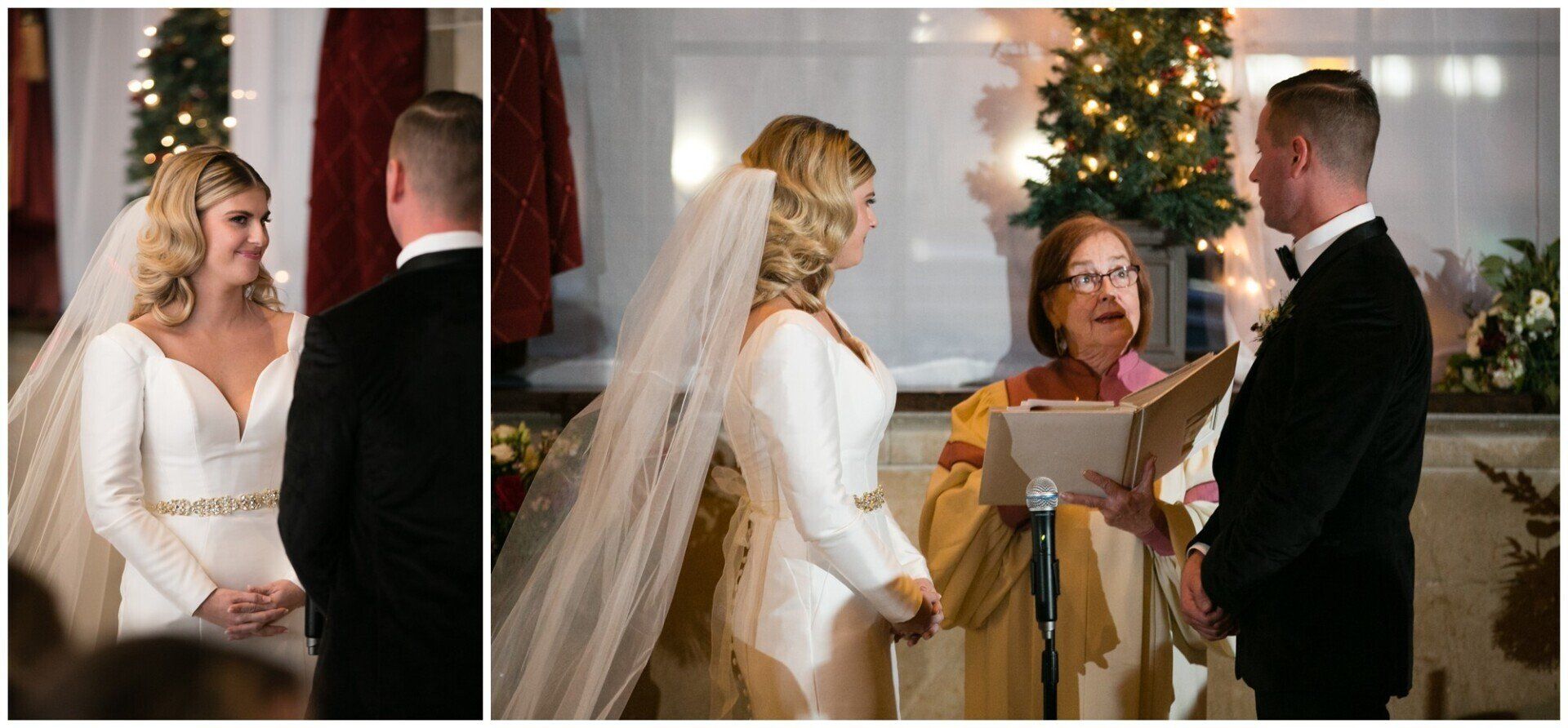 Bride and groom exchanging vows beside a decorated Christmas tree during an indoor ceremony