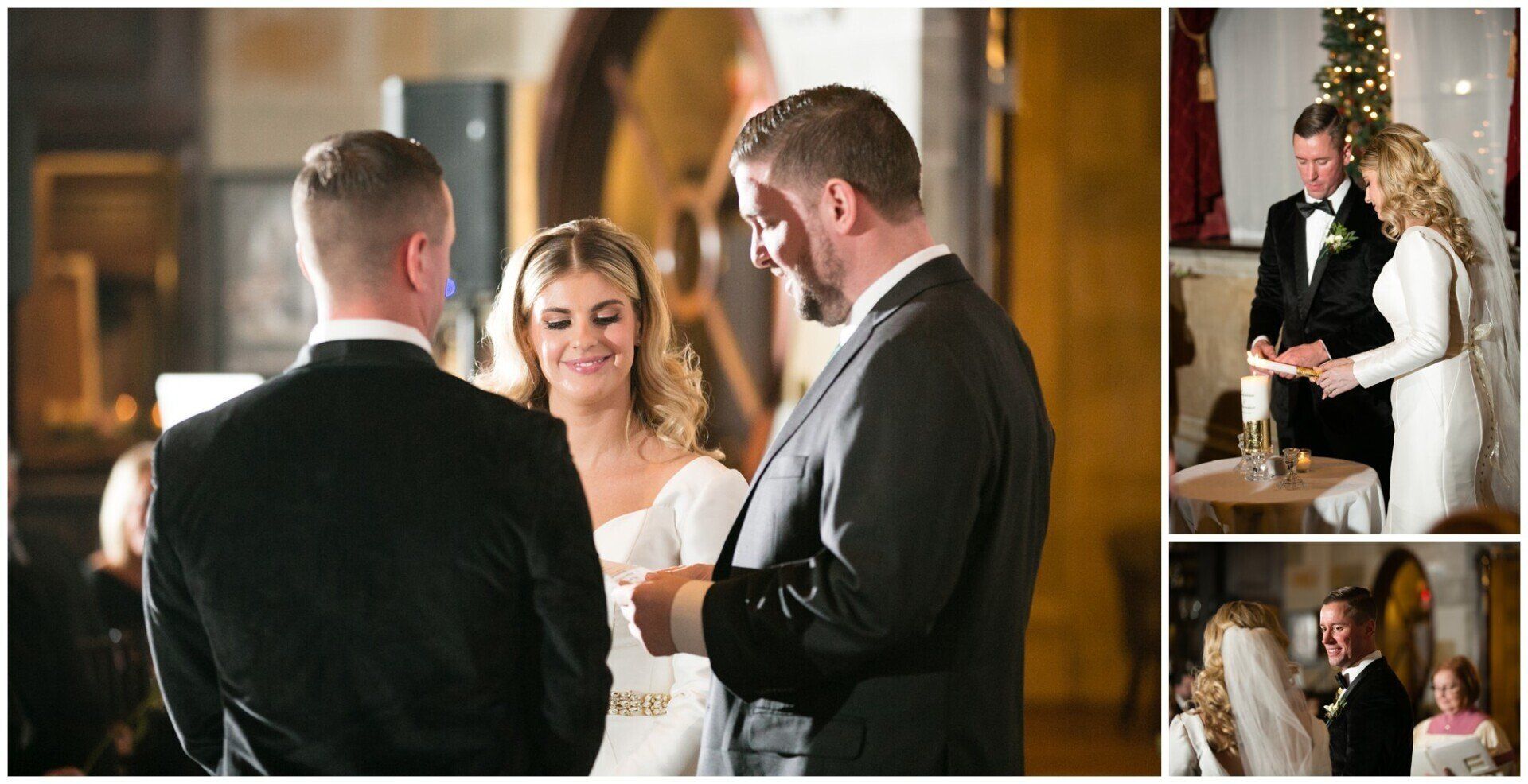 Wedding ceremony with bride and groom exchanging vows before an officiant, with reception details in side photos