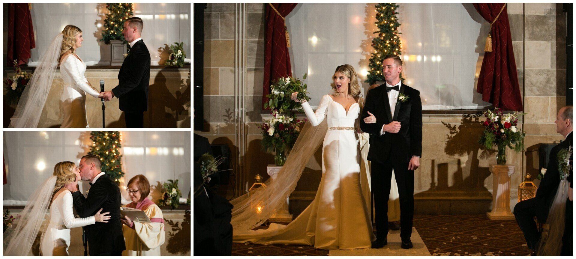 Bride and groom pose in a decorated hall with a Christmas tree and gold drapes; bride lifts her veil and smiles.