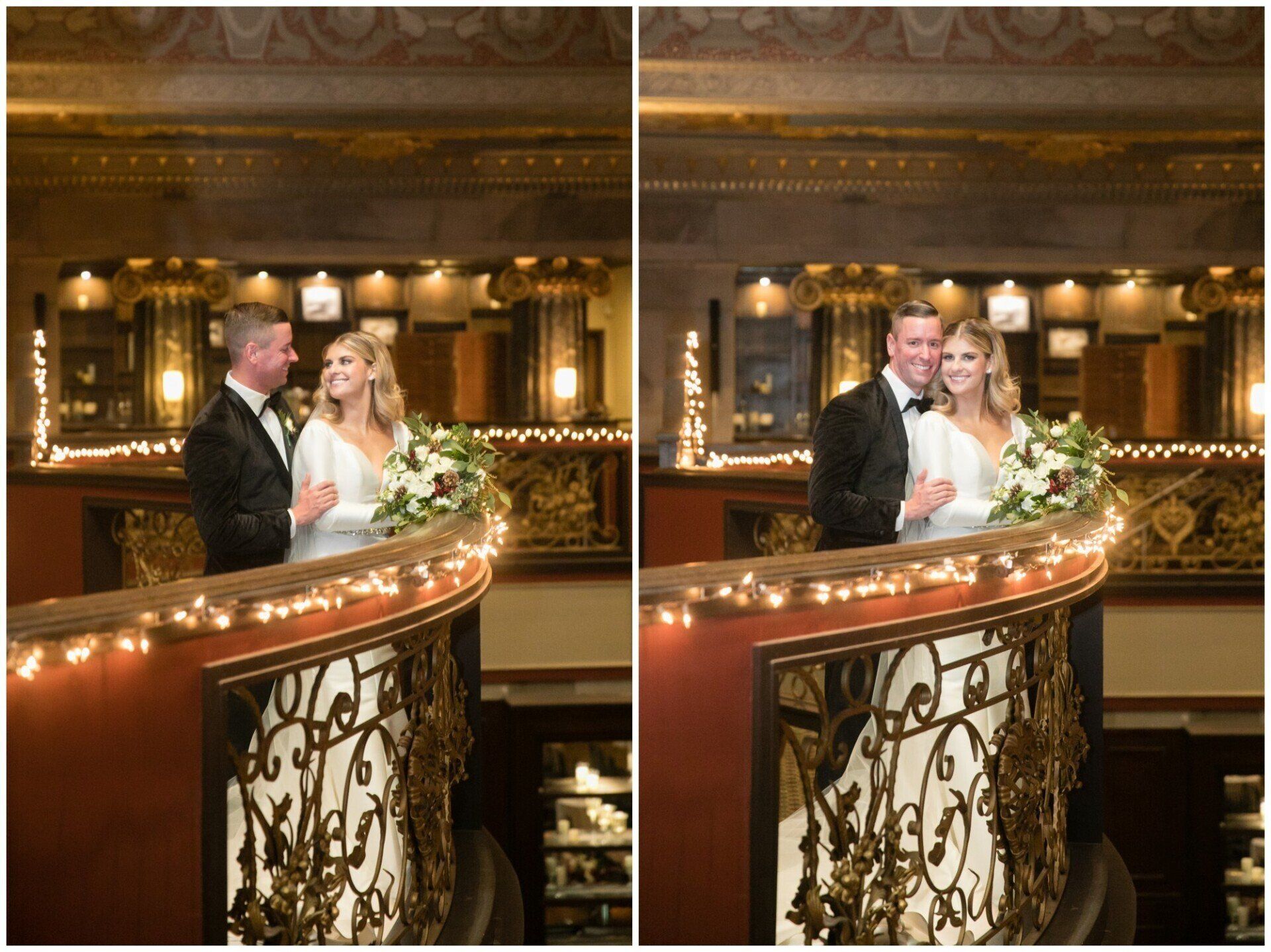 Bride and groom posing on a balcony with warm lights and ornate railings