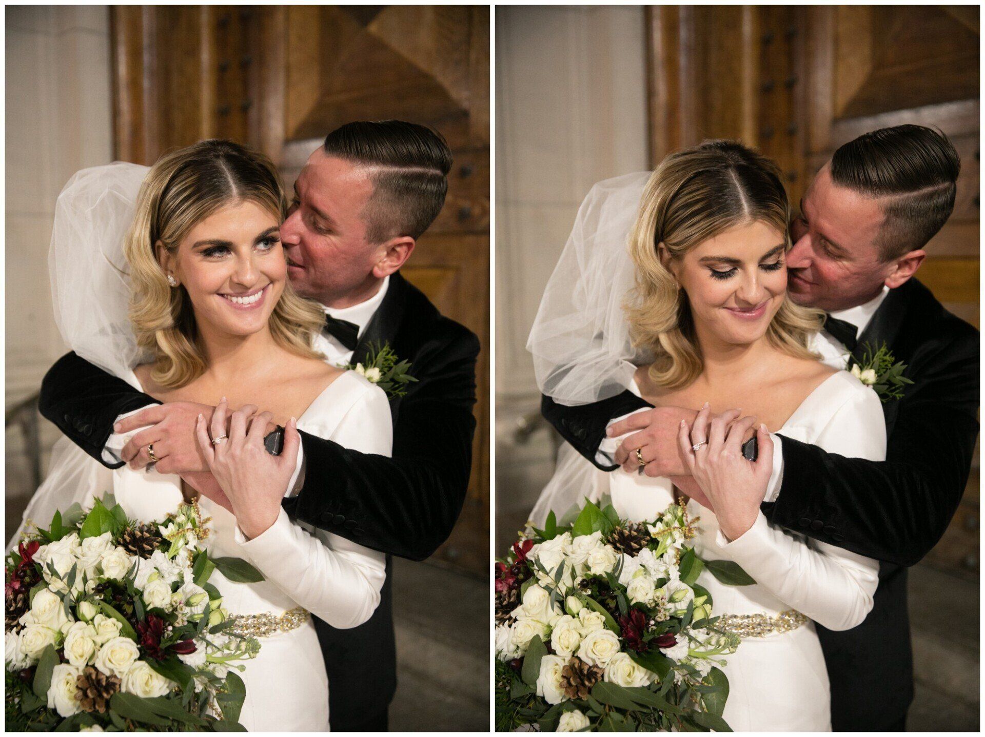 Couple embracing and smiling, bride holding a white bouquet, shown in two side-by-side wedding photos.