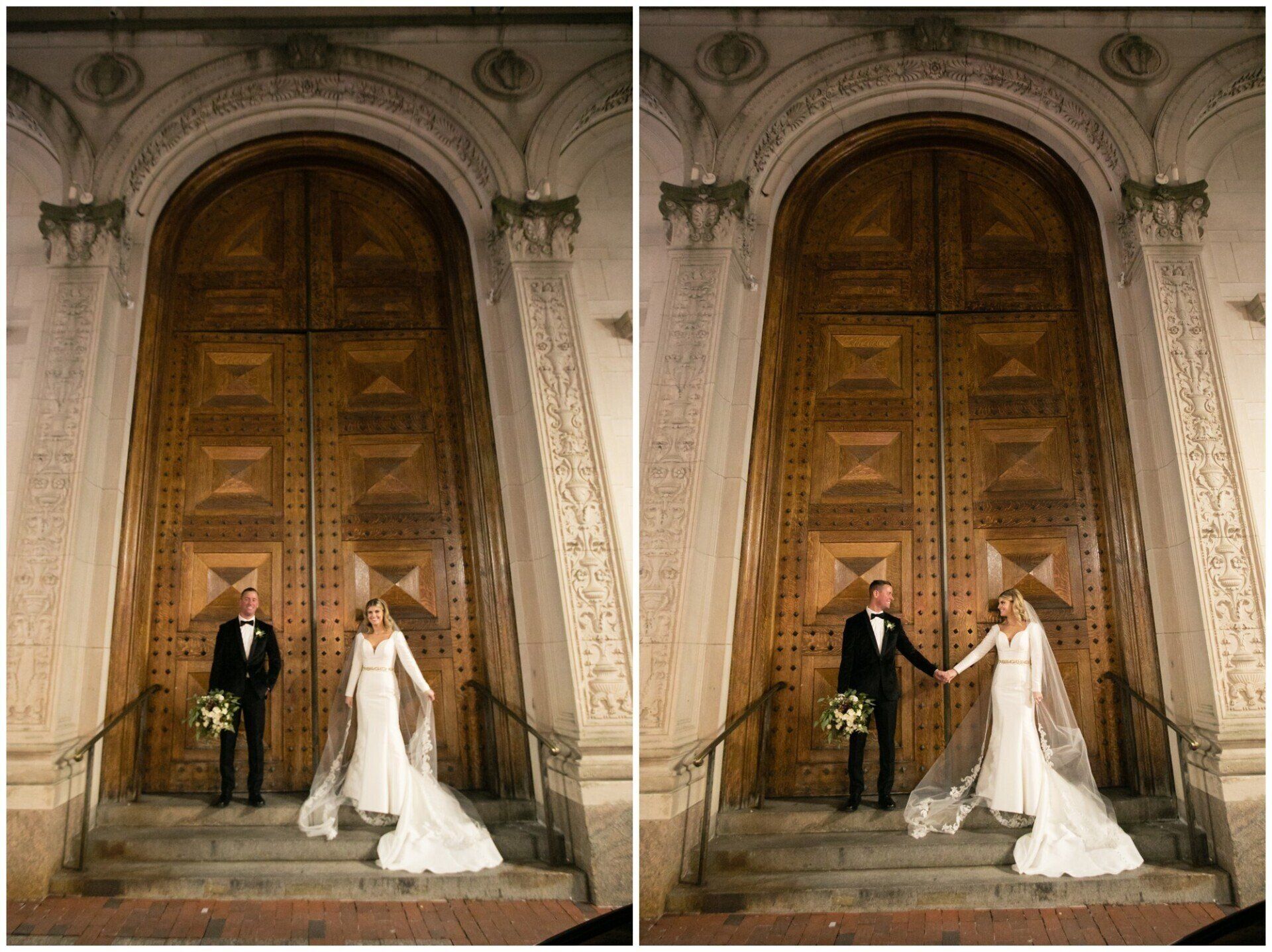 Bride and groom pose before ornate wooden church doors, holding hands under a floral arch.