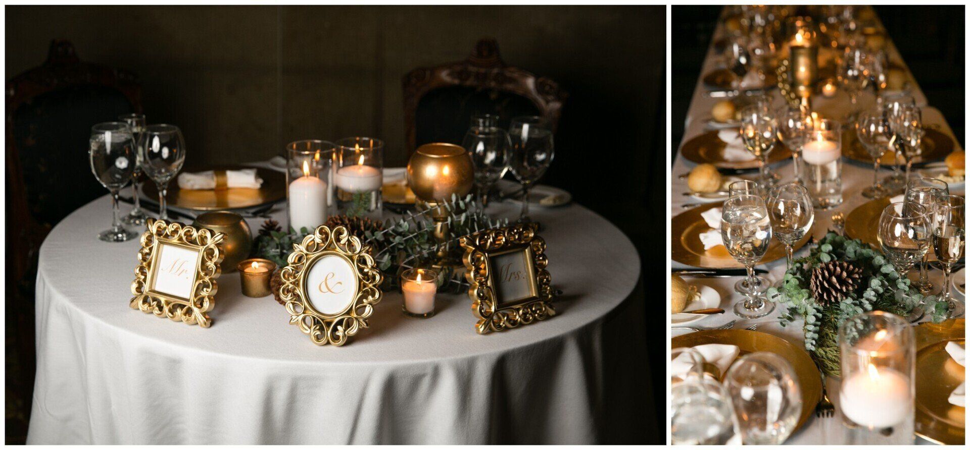 Elegant gold-and-white holiday table display with candles, ornaments, and a decorated centerpiece