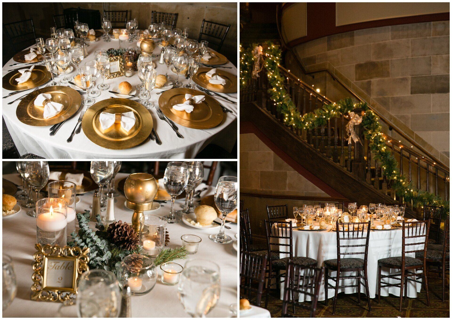 Elegant candlelit banquet table with gold accents and staircase decorated with greenery and lights