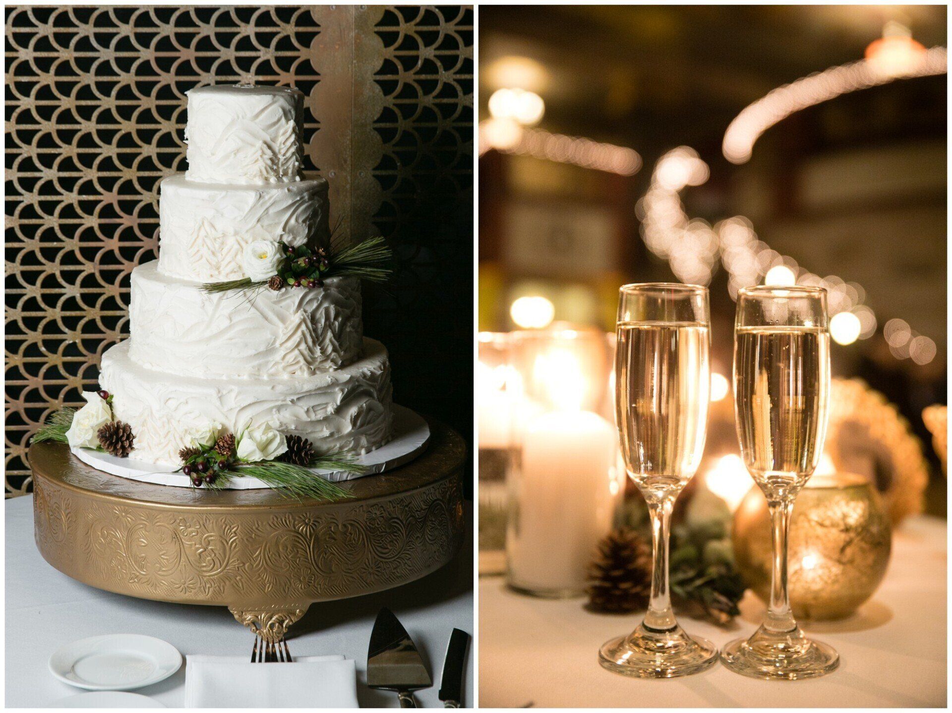 Three-tier white wedding cake beside two champagne flutes with warm candlelit bokeh in the background