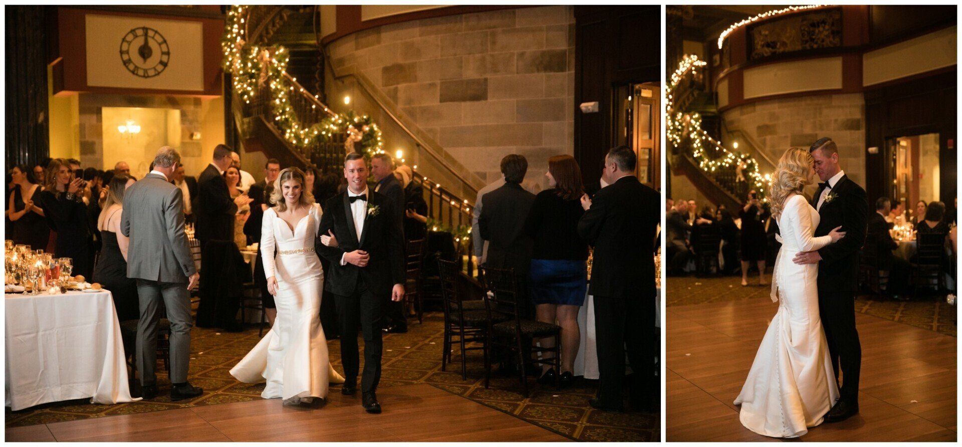 Bride and groom dance at a warmly lit indoor wedding reception, with guests watching nearby.