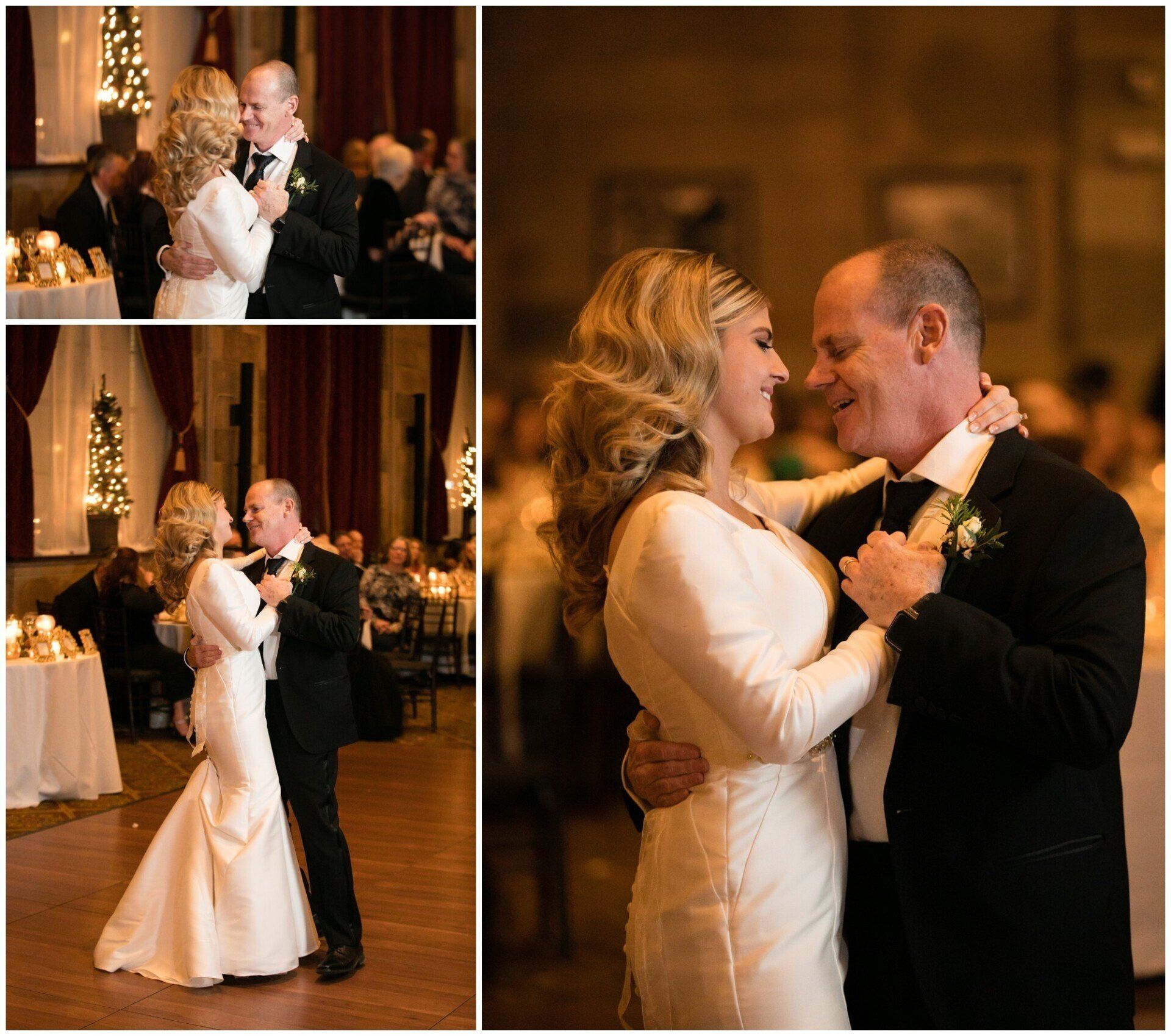 Wedding couple slow dancing in a warmly lit reception hall, shown in three close-up views.