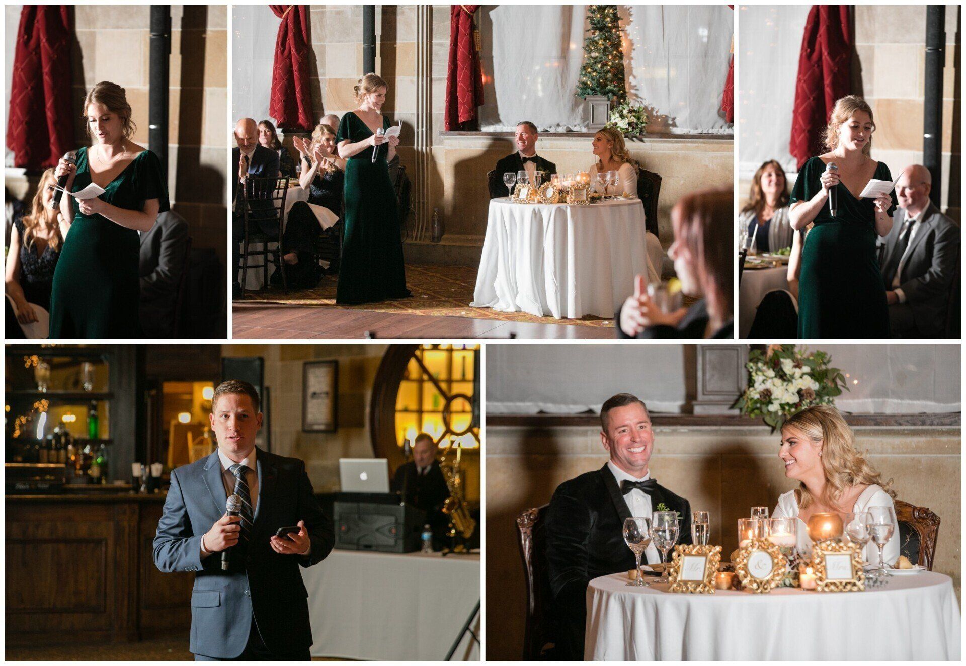 Wedding reception collage with bride and groom, speeches, and candlelit tables in a warmly lit venue