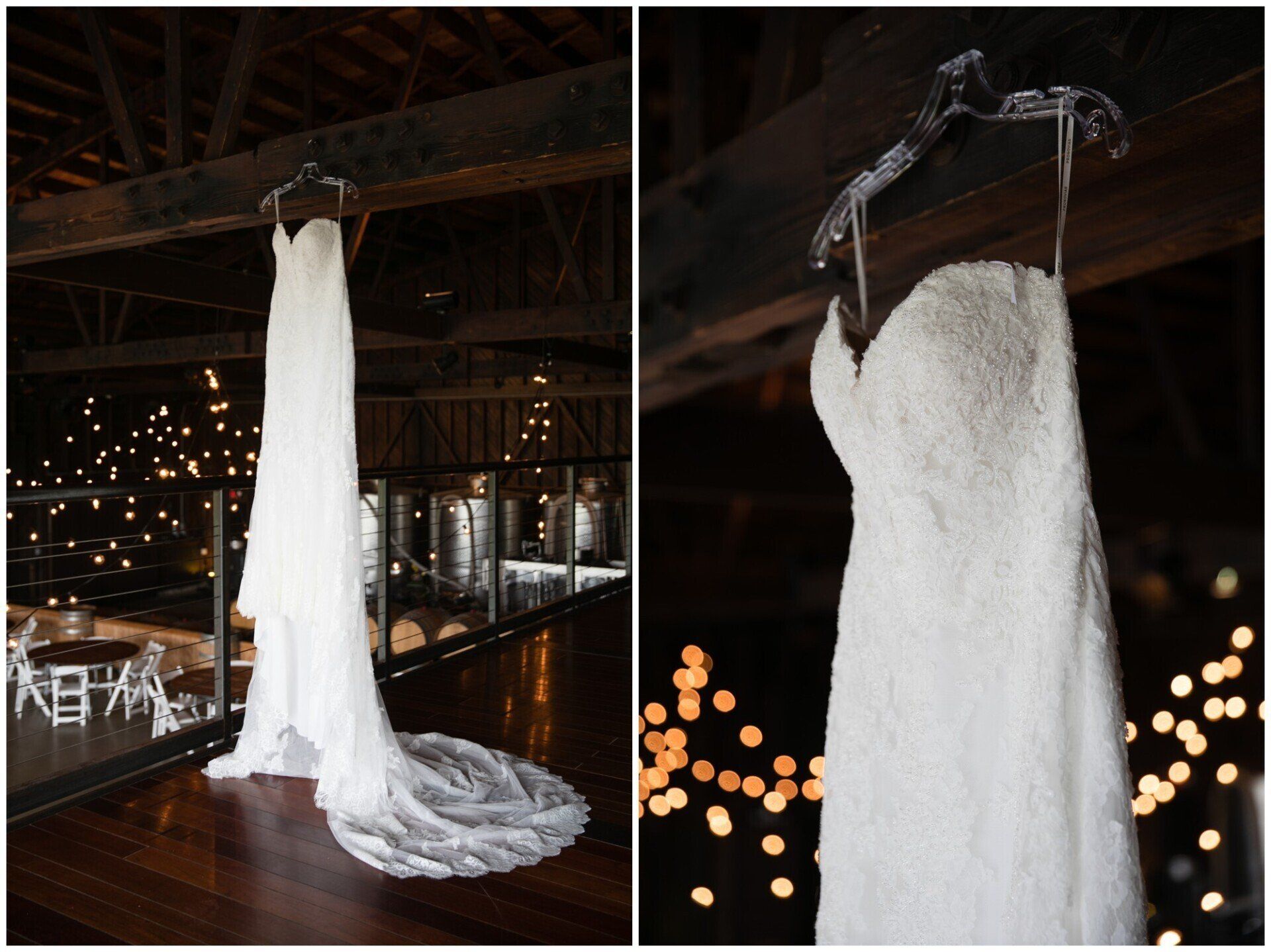 White dress hanging from a clamp in a dim workshop, shown from two angles with warm bokeh lights.
