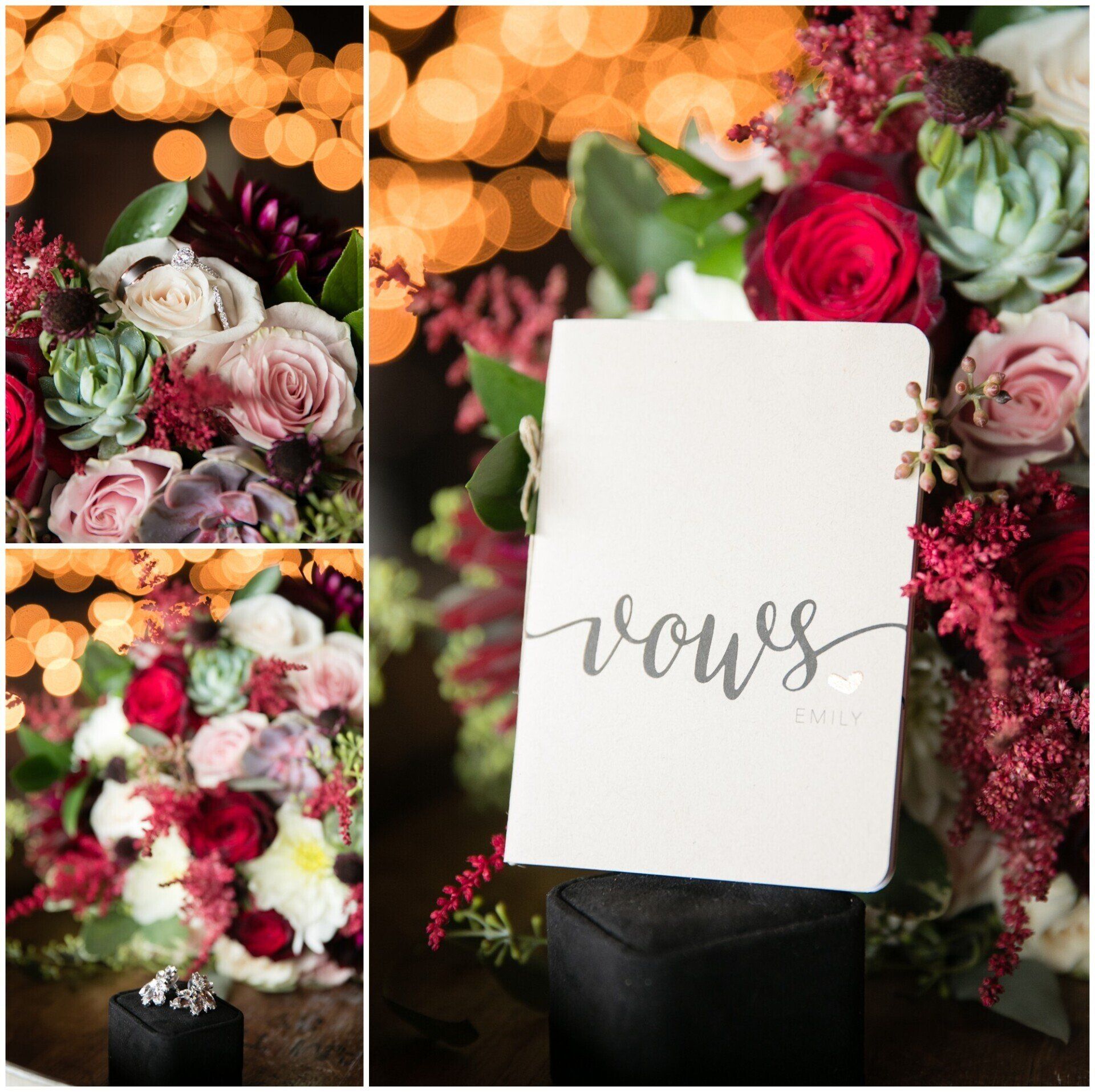 Wedding vow book held amid colorful flowers and warm lights