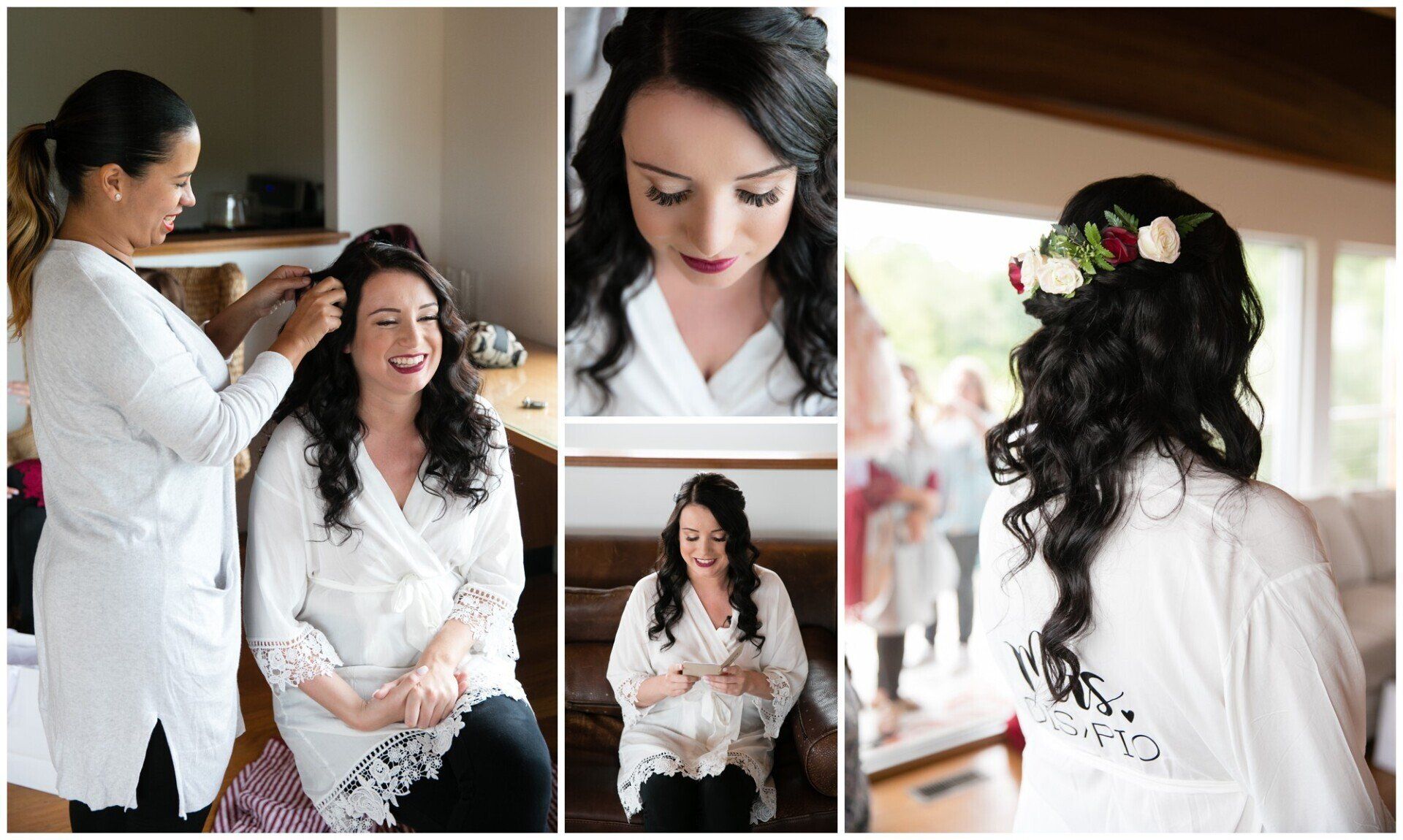 Bride getting her hair and makeup done in a collage of wedding preparations