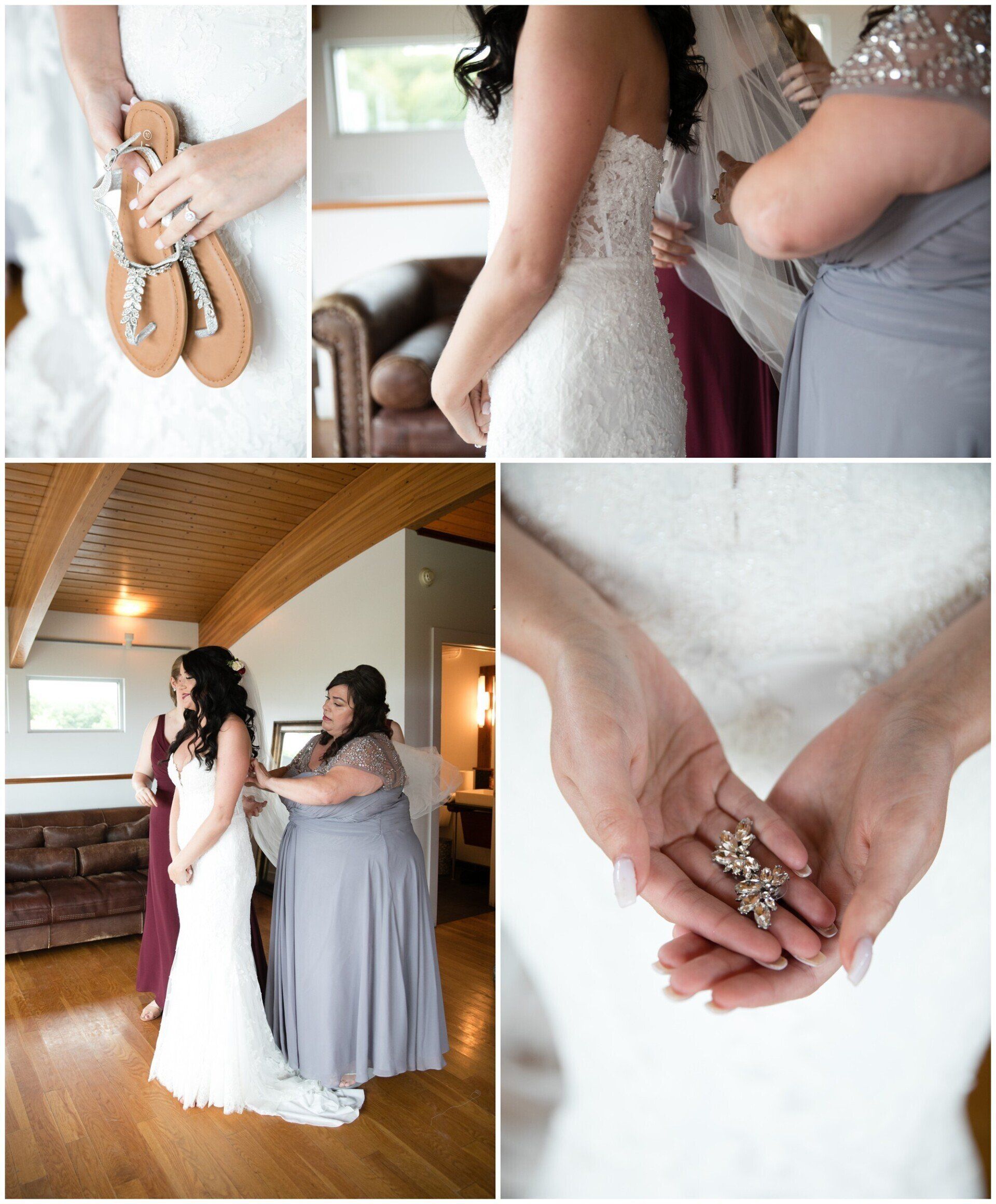 Bridesmaid in lavender dress adjusts gown and holds bouquet during wedding prep collage