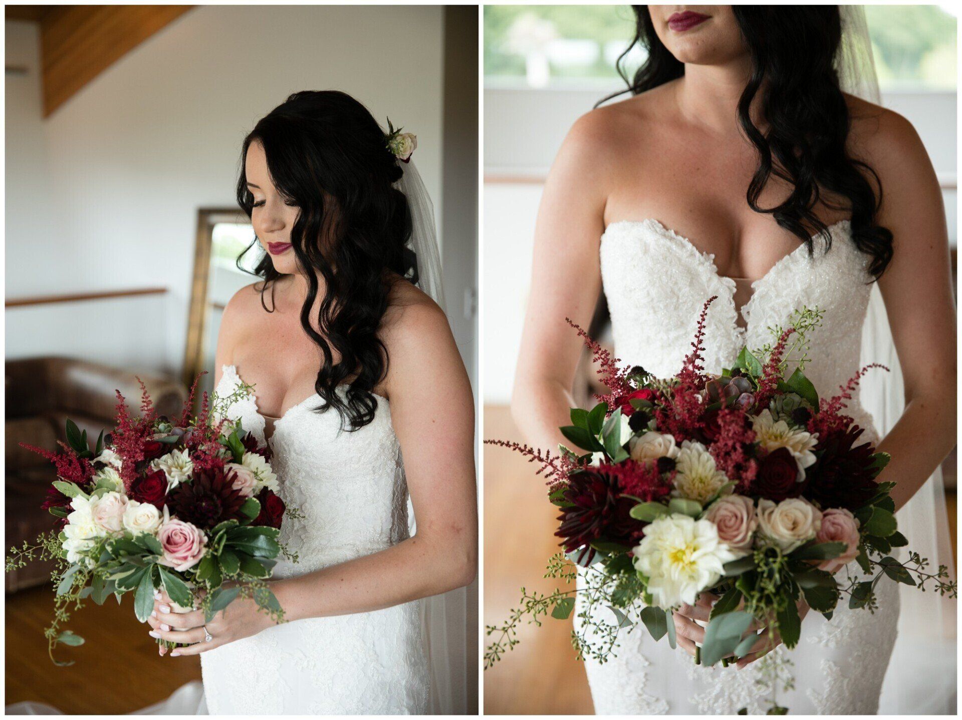 Bride in a white lace dress holding a burgundy-and-white bouquet indoors