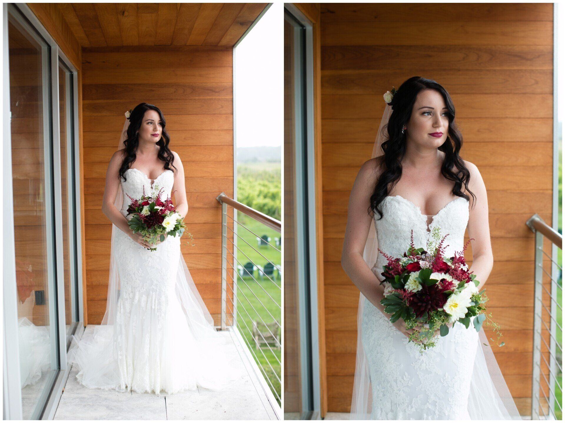 Bride in a white lace gown holding a bouquet on a wooden balcony, shown in two poses.