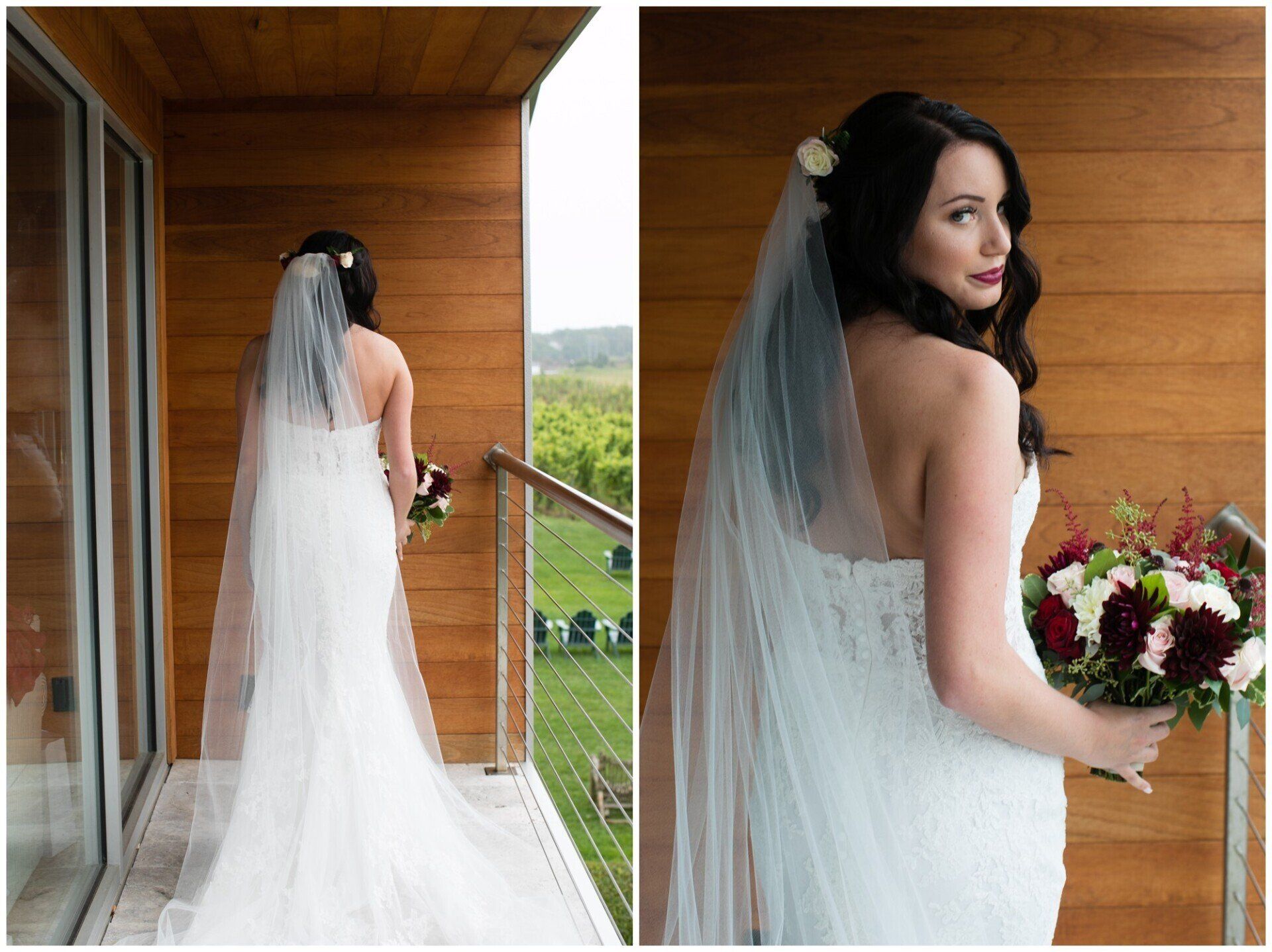 Bride in a white veil and dress standing on a wooden balcony, holding a bouquet