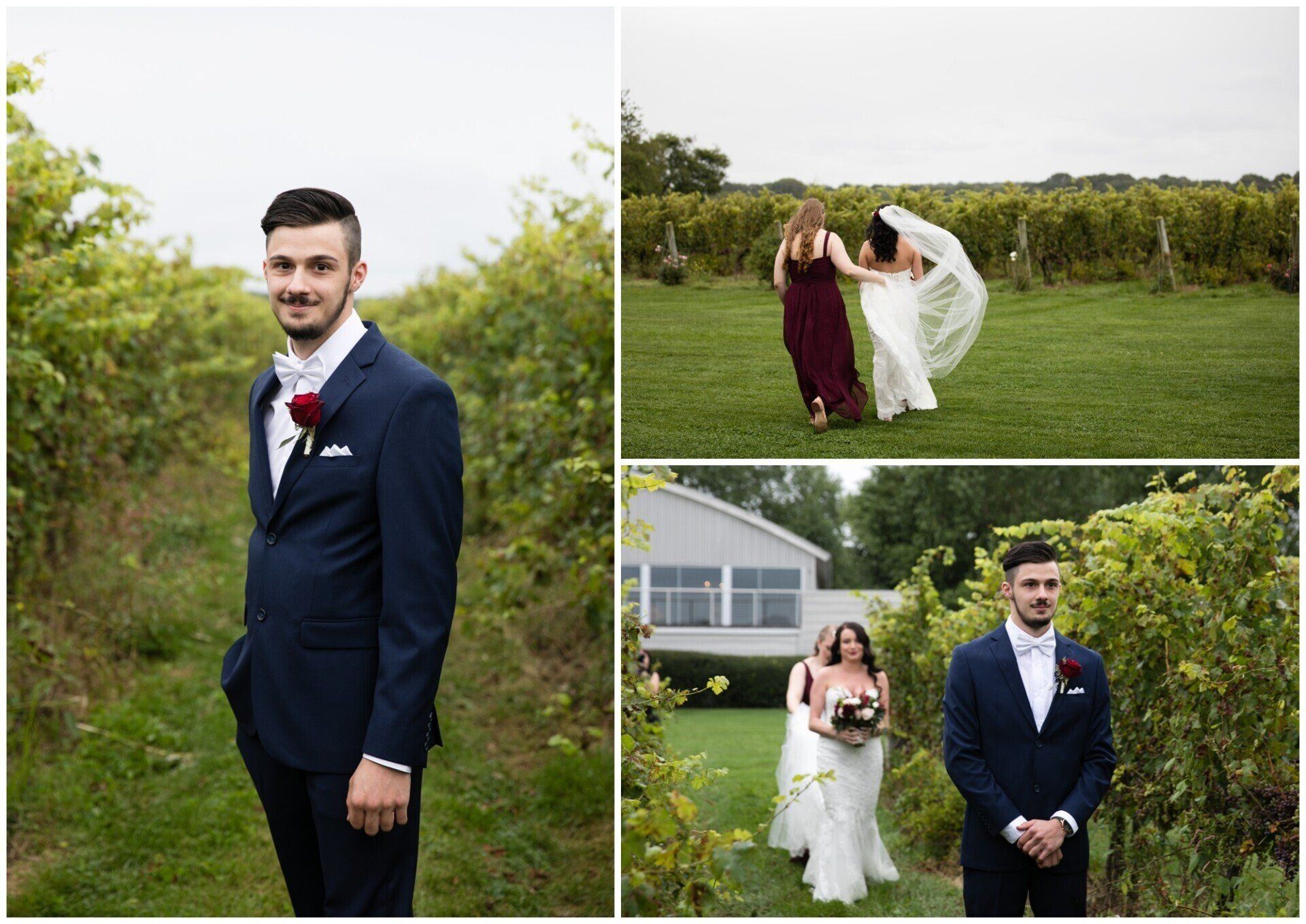 Wedding couple in navy suit and white dress posing in a green garden by a greenhouse.