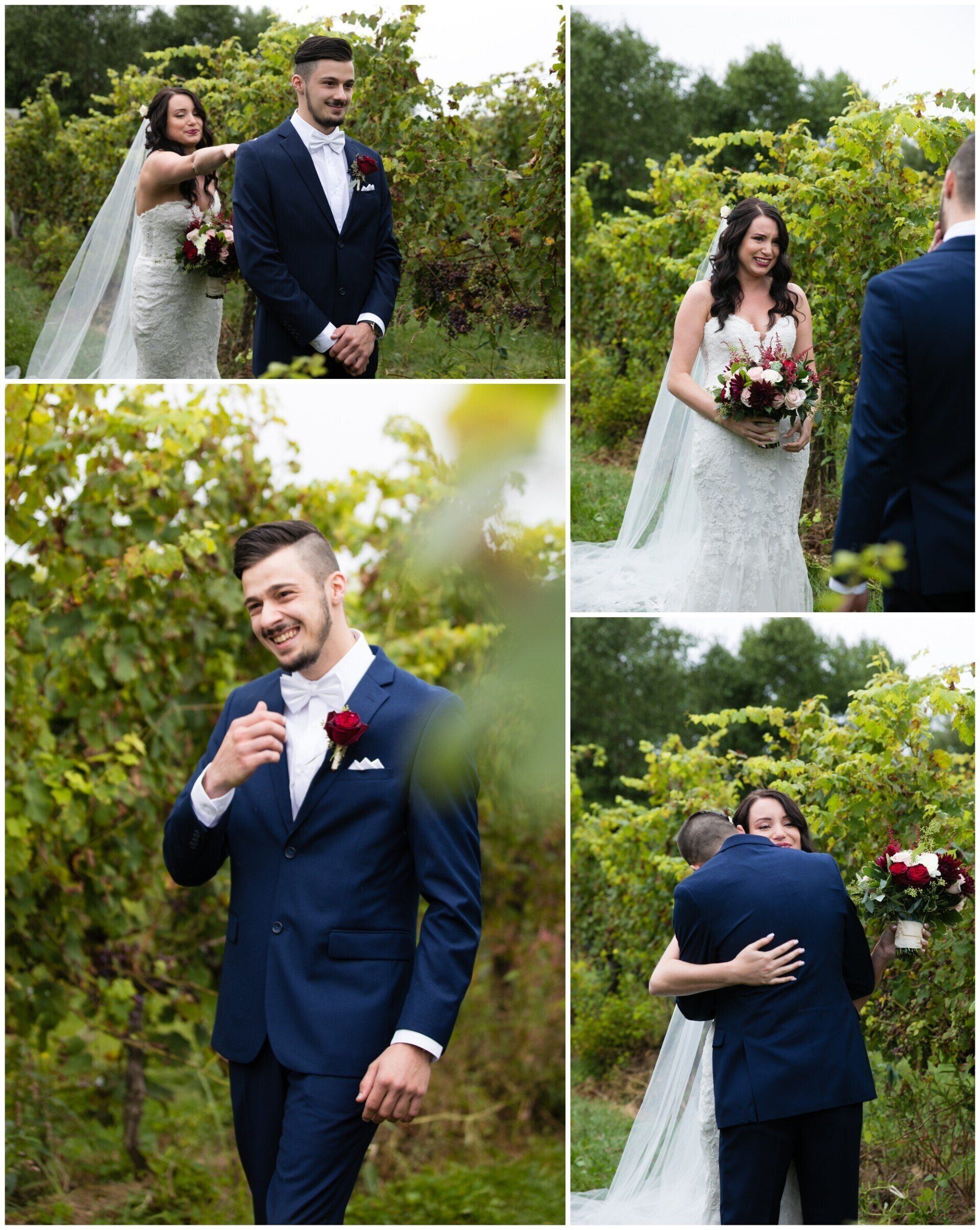 Wedding couple in navy suit and white gown posing outdoors among green trees