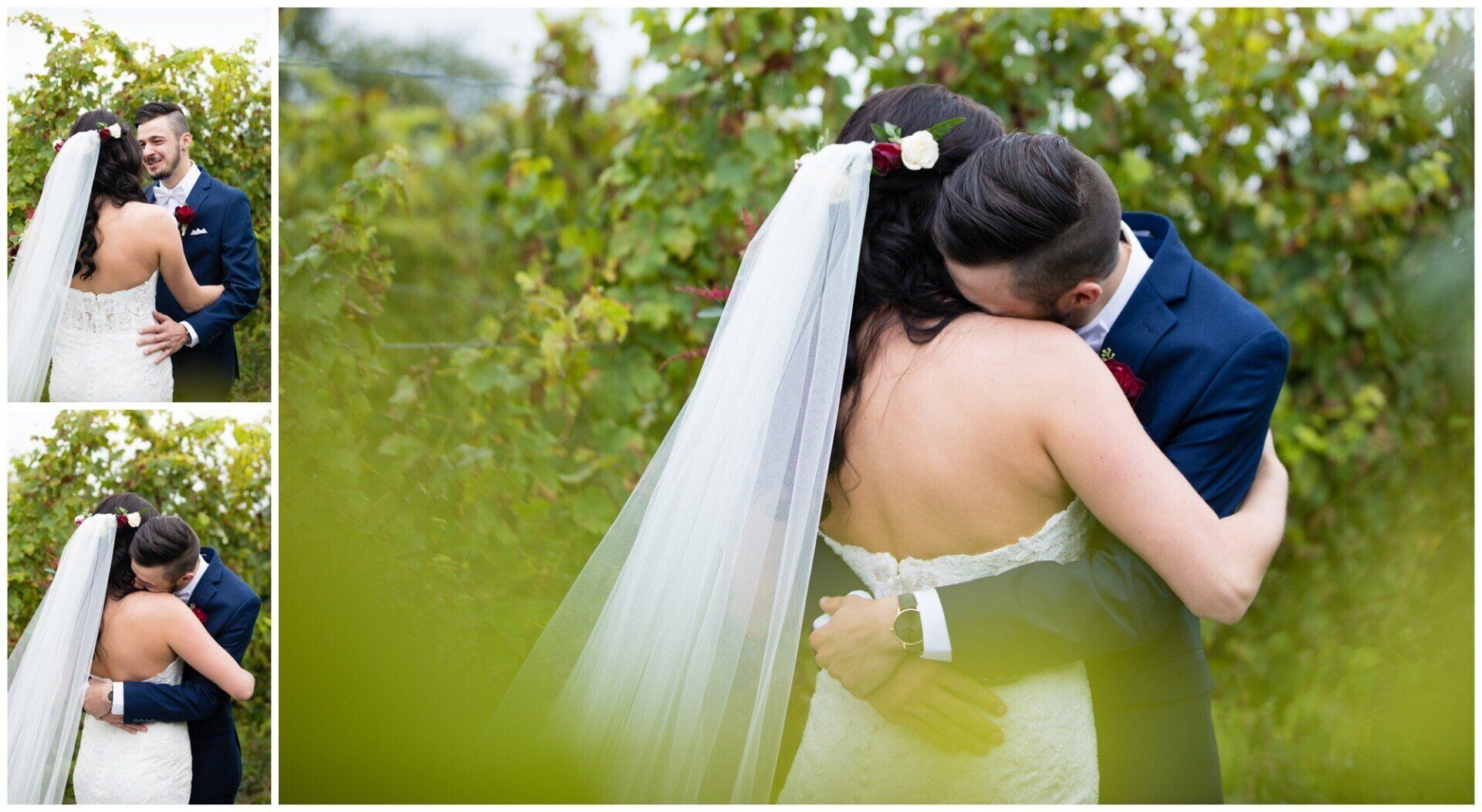 Bride and groom embracing outdoors, with white veil flowing in a green garden.