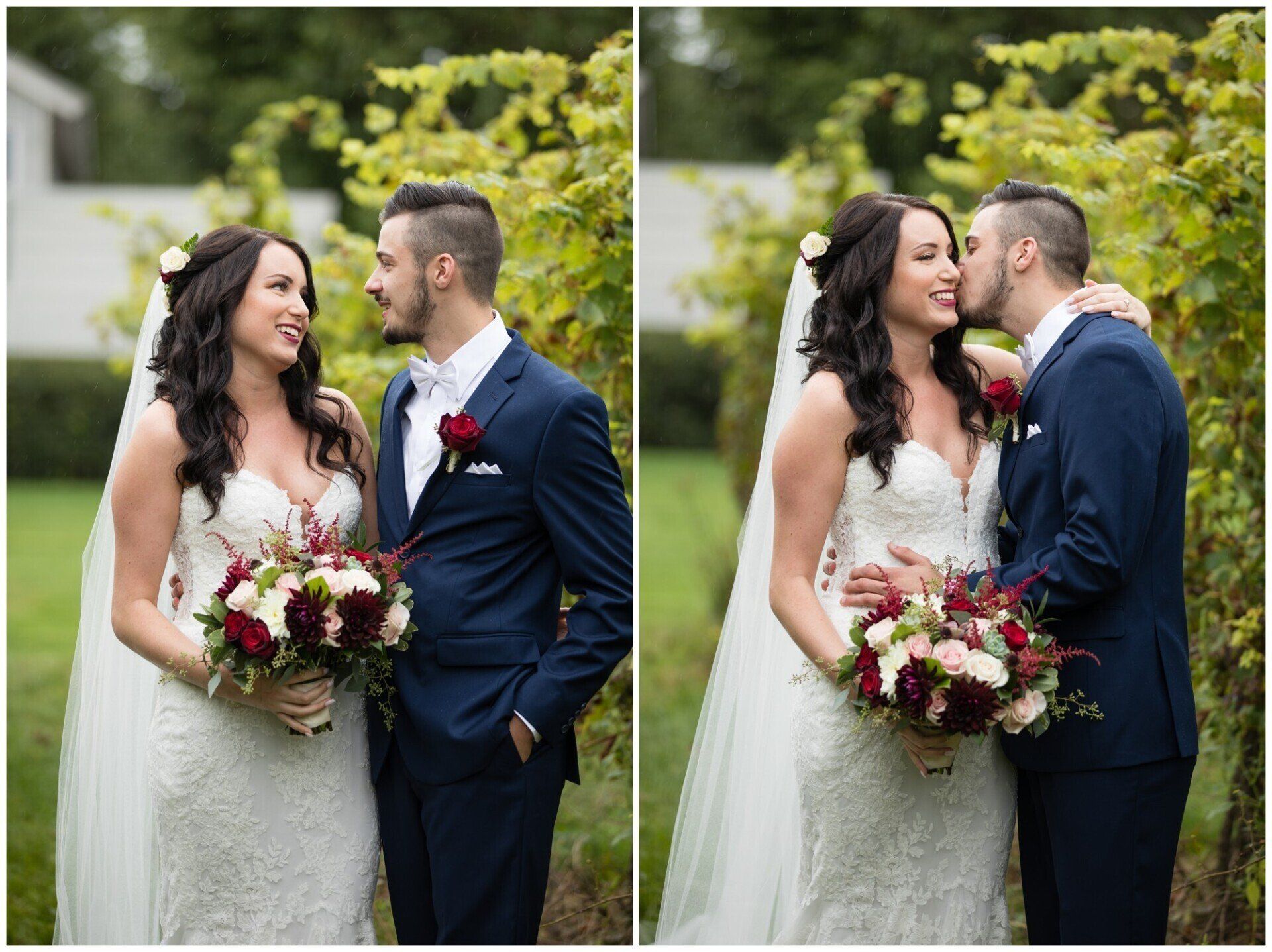 Bride and groom pose together in a garden, holding bouquets and smiling at each other.