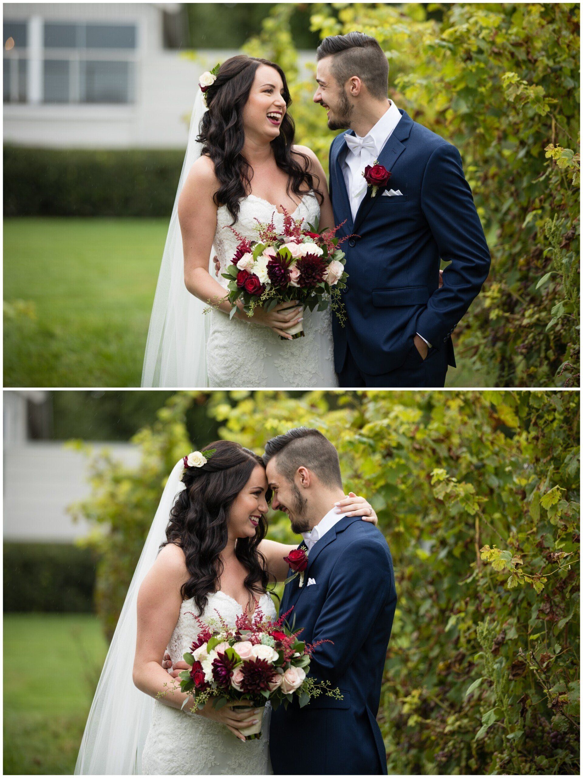 Bride and groom smiling and touching foreheads in a garden wedding portrait