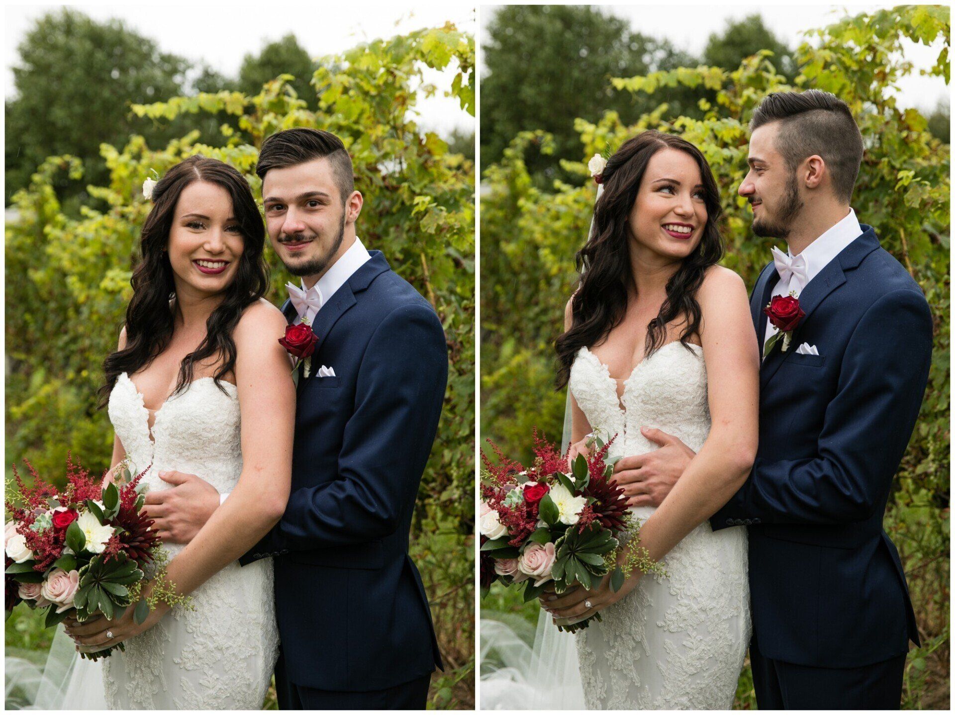 Bridal couple posing outdoors in white gown and navy suit, holding a bouquet in a green garden.