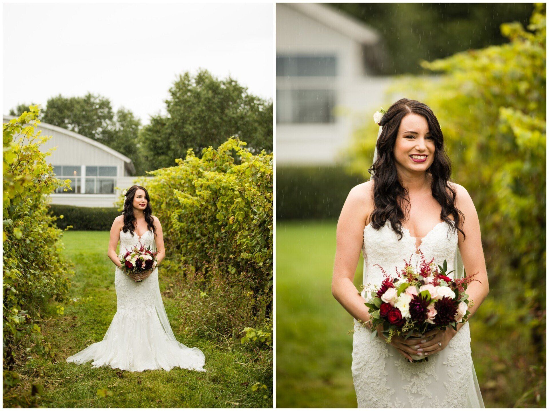 Bride in a white lace gown holding a bouquet in a garden, shown full-length and close-up.
