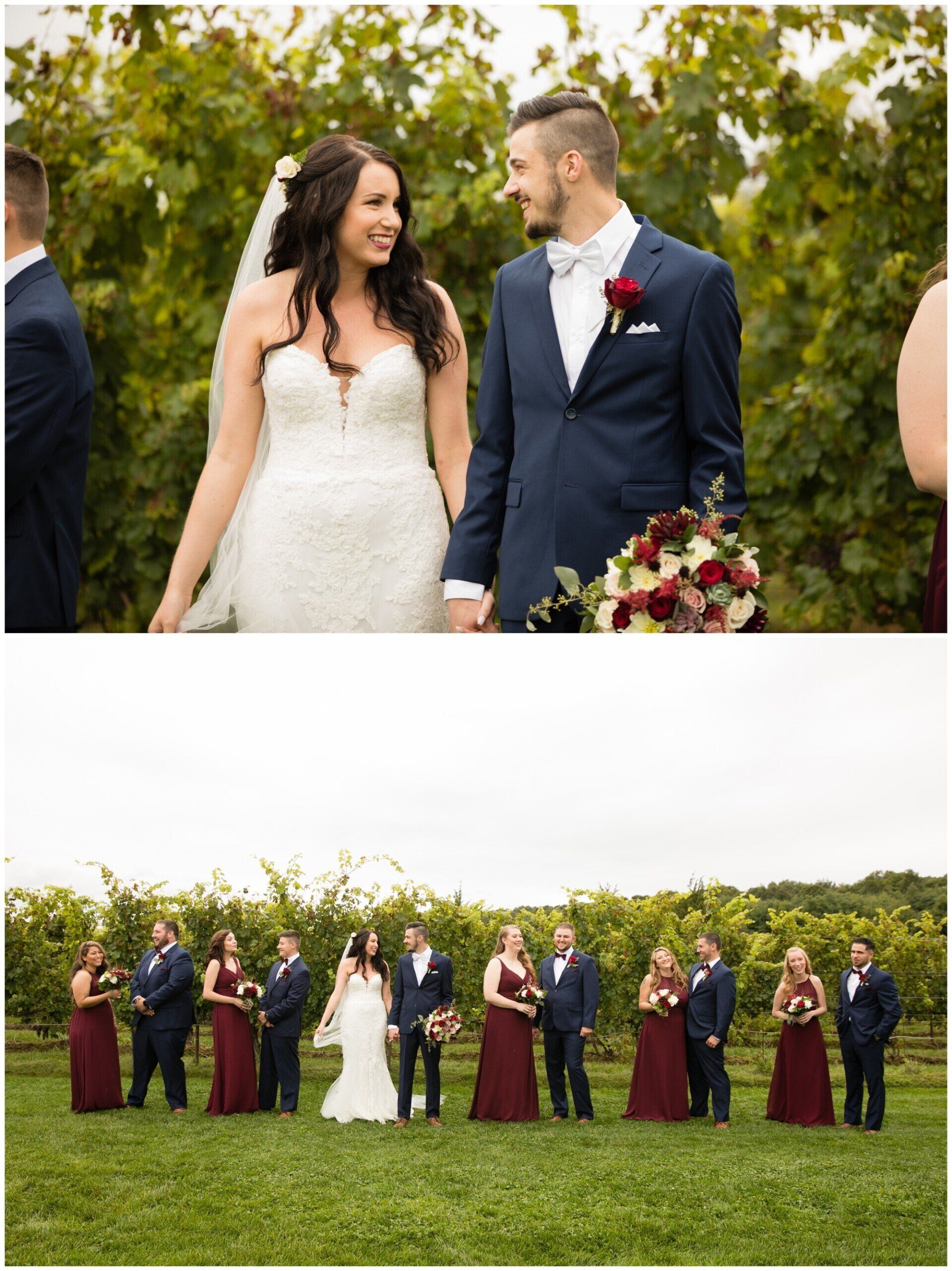 Bride and groom smiling at outdoor wedding ceremony, with bridal party standing in a row on grass behind them.