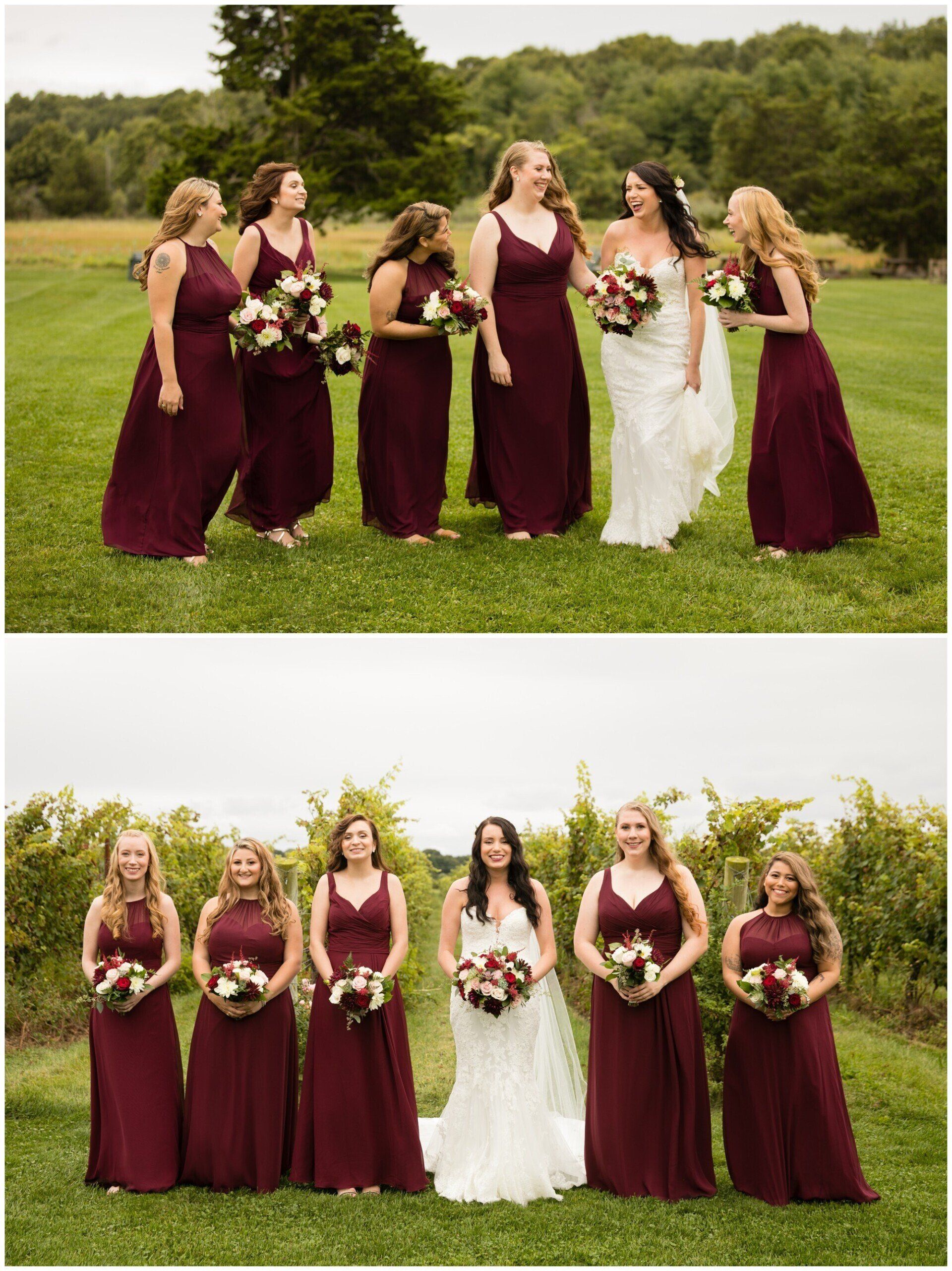 Bridesmaids and bride in burgundy and white dresses posing outdoors in a grassy field