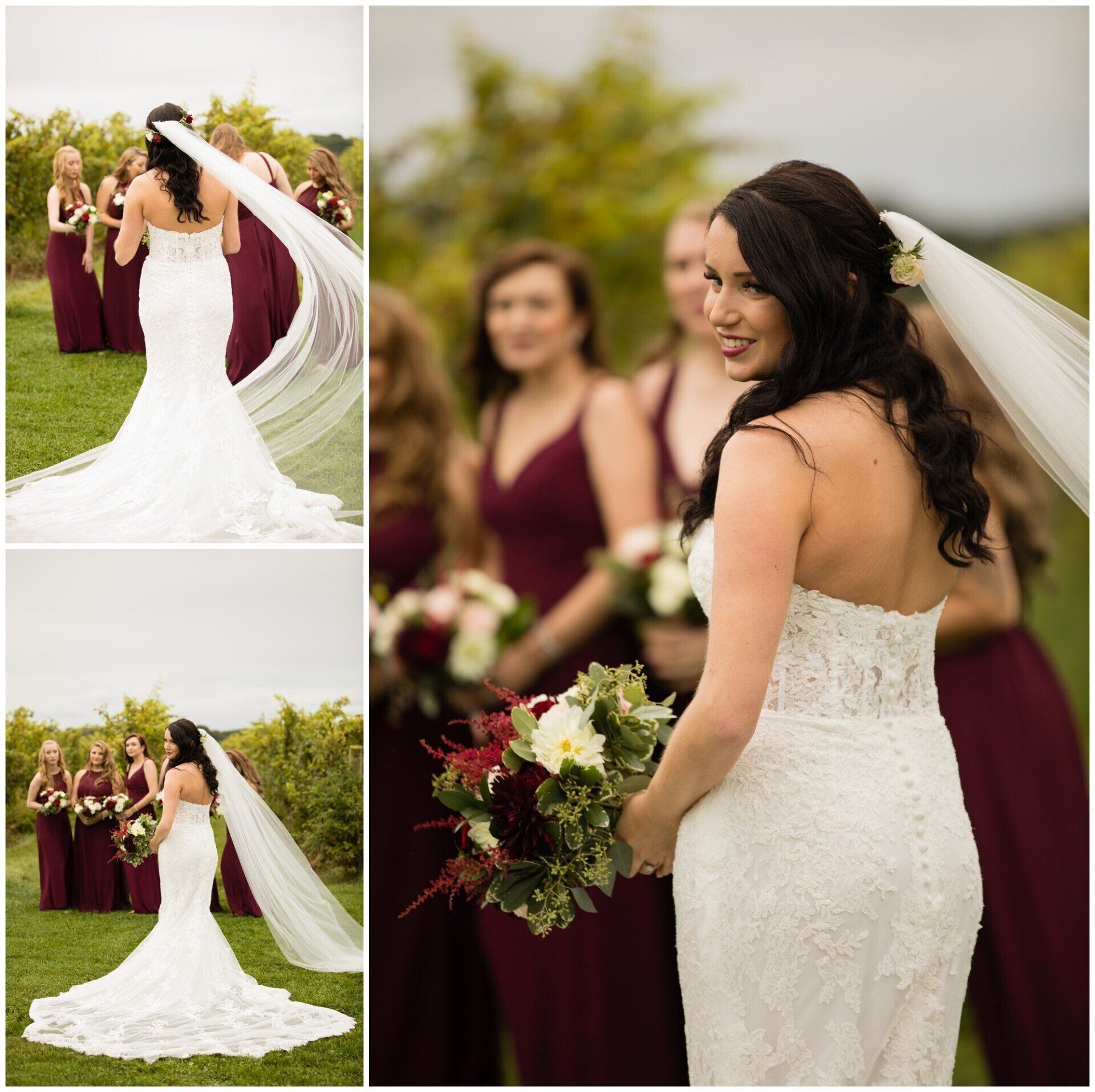 Bride in white gown and veil smiling with bridesmaids in burgundy dresses at outdoor wedding