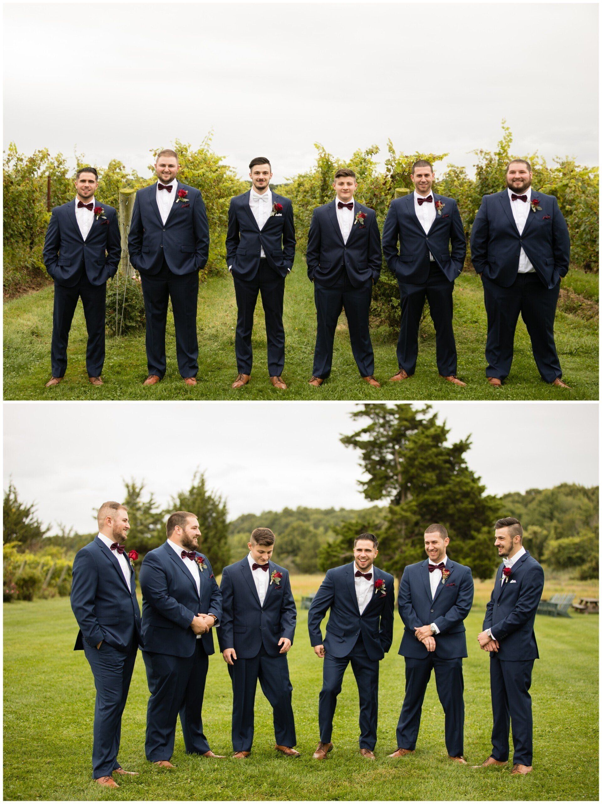 Two photos of six men in suits standing outdoors on grass, one front view and one side view.