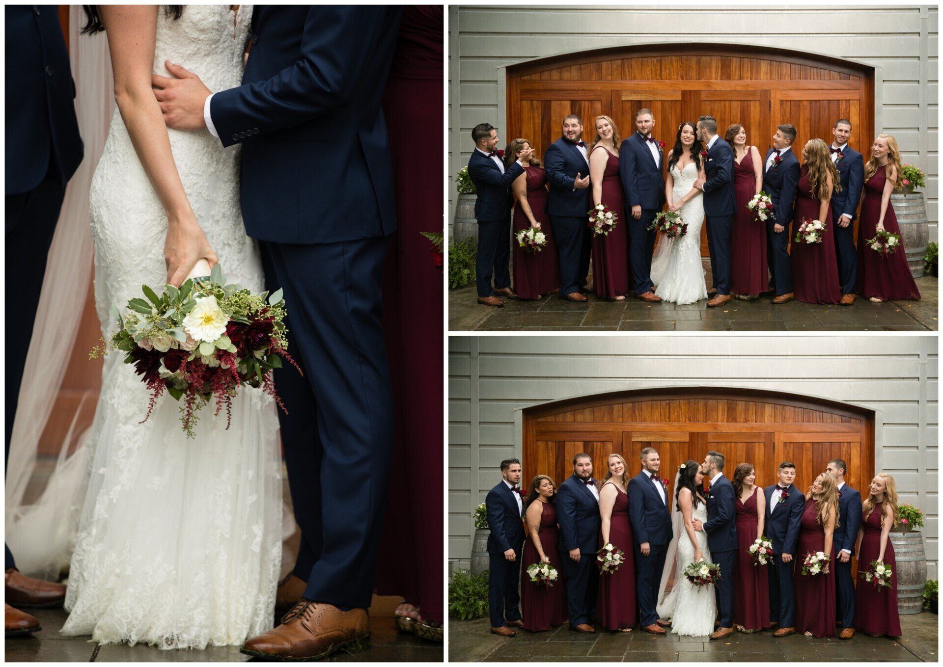 Wedding couple and guests posing outside a wooden church door; bride holds burgundy and white bouquet.