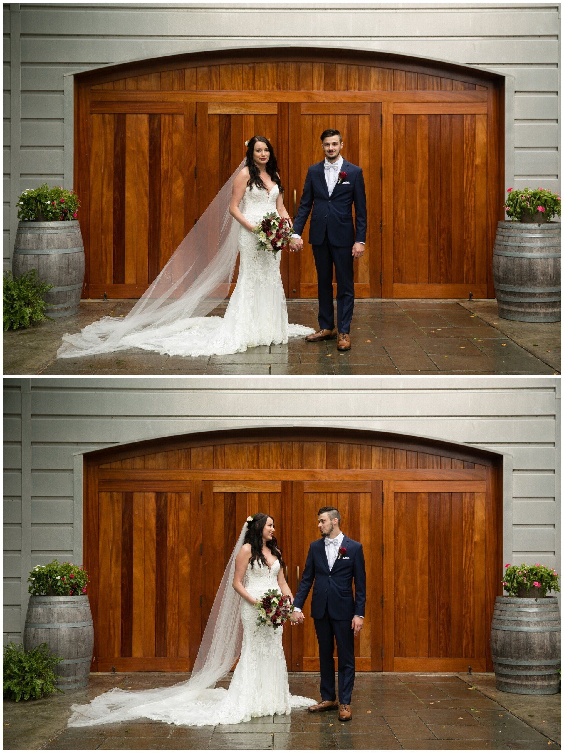 Bride and groom standing before a wooden garage door in a two-panel wedding photo