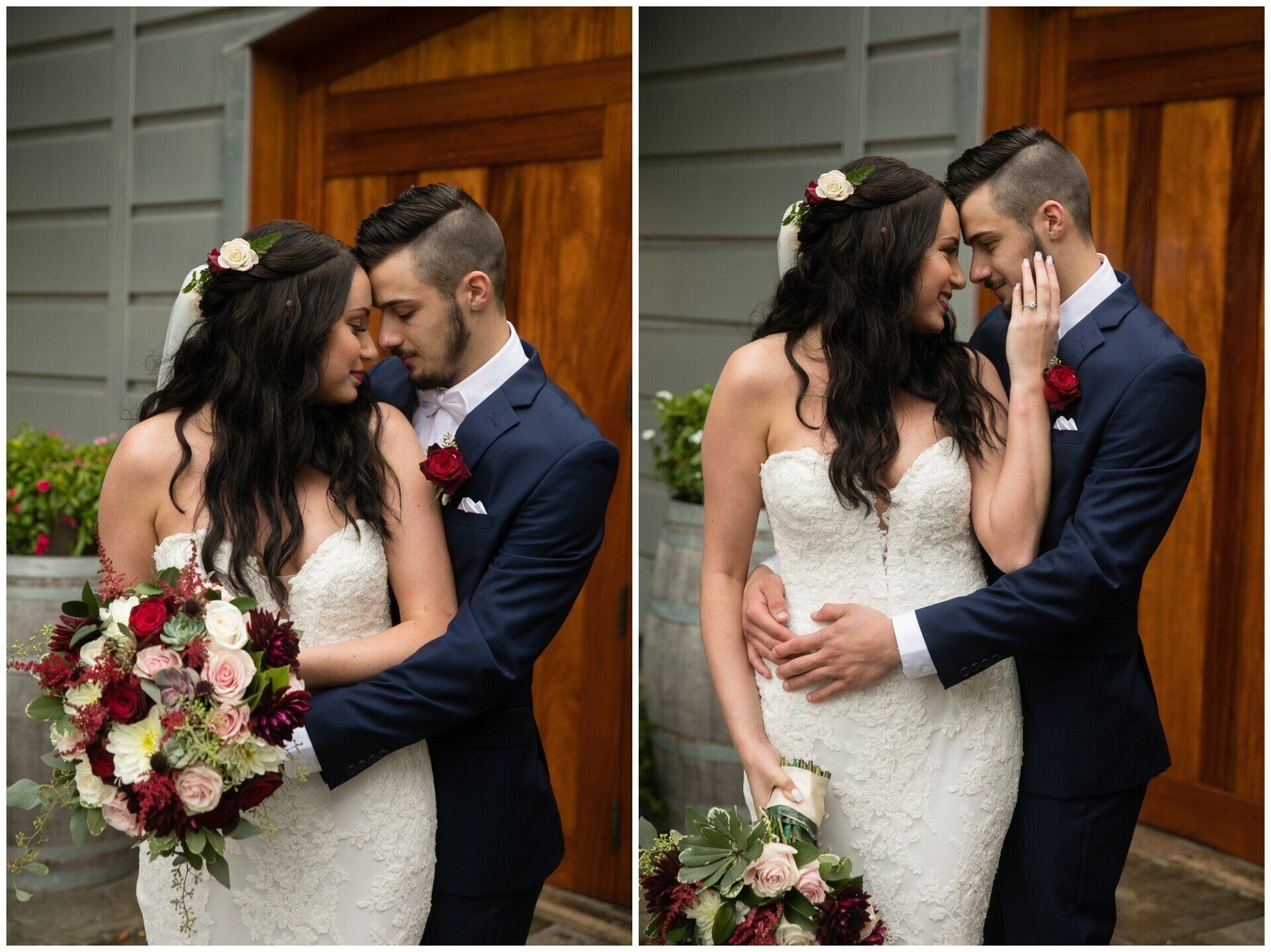 Bride and groom embrace and kiss beside a wooden door, holding a pink and white bouquet.